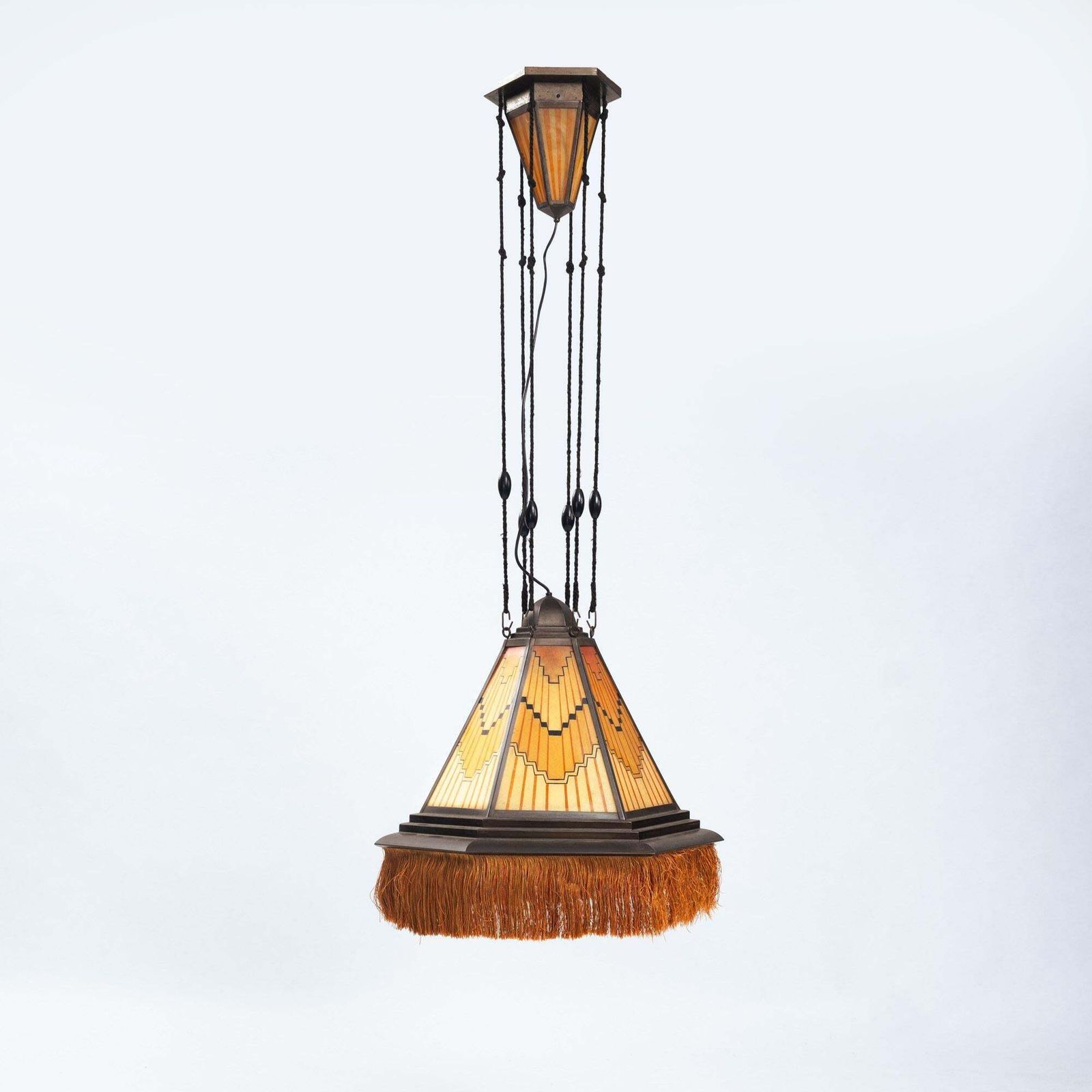 Art Deco Amsterdam School Painted Glass Copper Pendant Lamp, The Netherlands, 1930s photo vintage