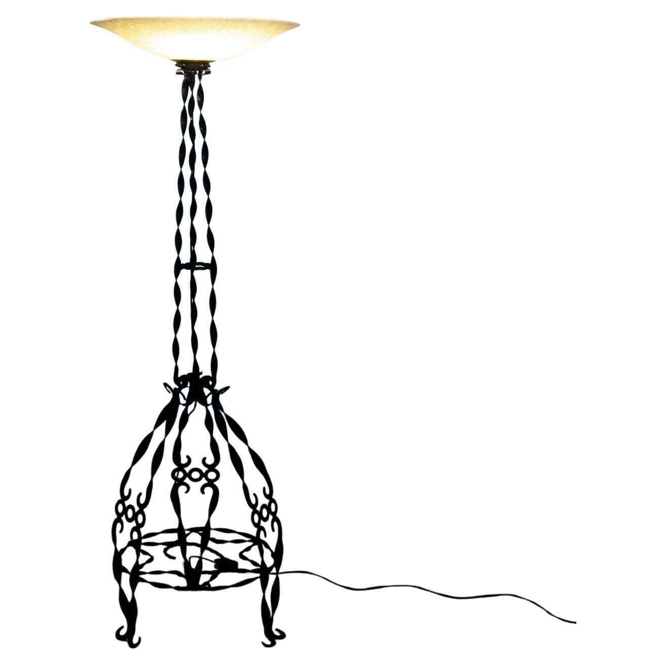 Art Deco Floor Lamp In Wrought Iron And Glass, 1930s