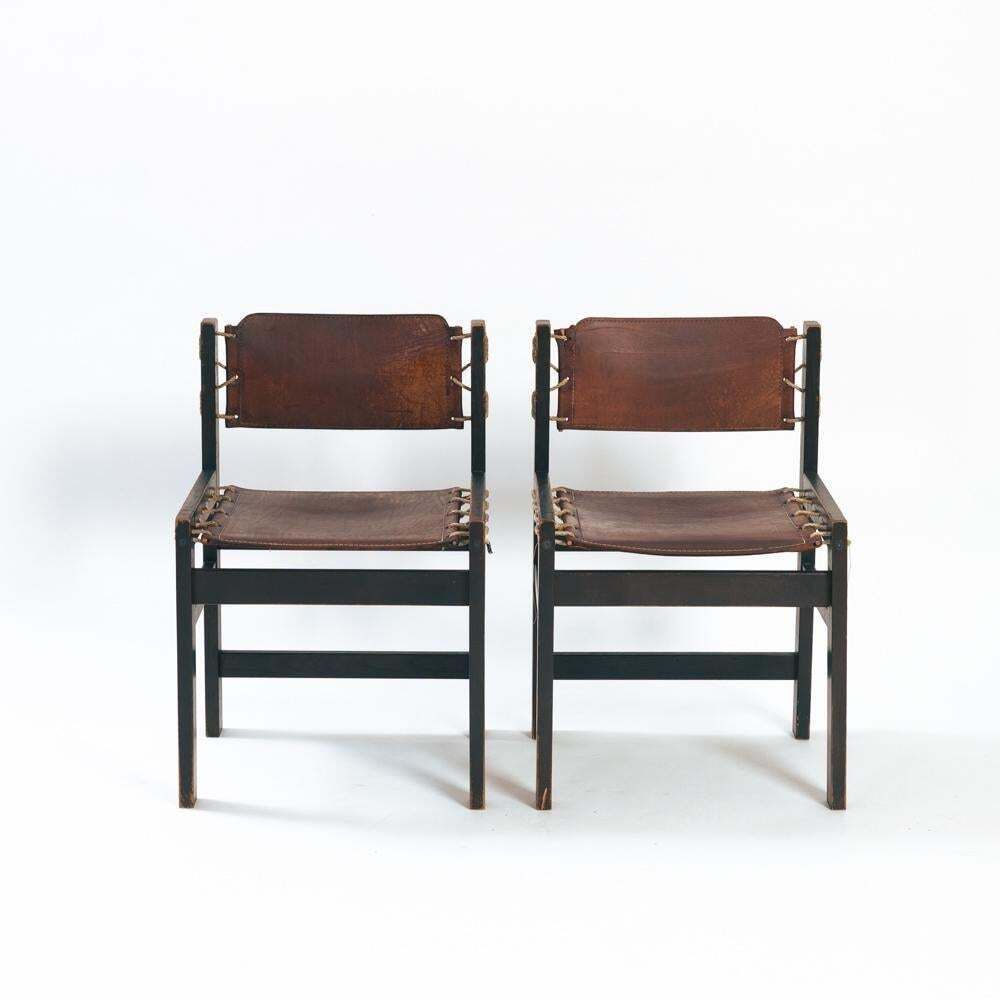 Vintage Brutalist Hide Leather And Wood With Rope Dining Chairs, Set Of 2 photo vintage
