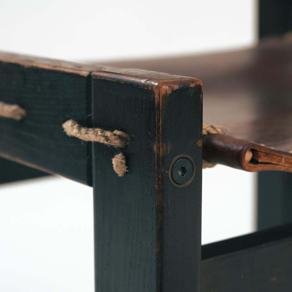 photo for sale Vintage Brutalist Hide Leather And Wood With Rope Dining Chairs, Set Of 2