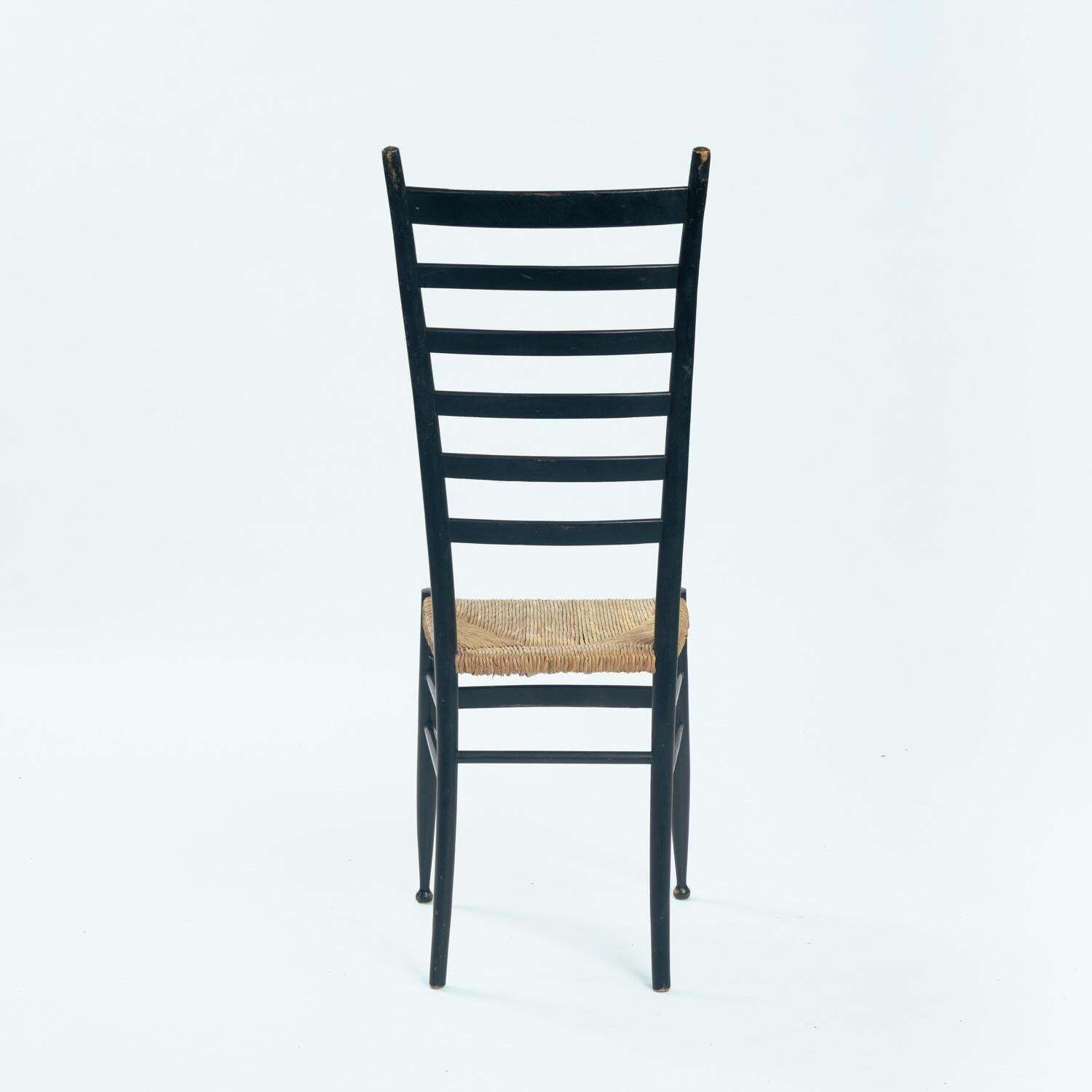 Chiavari Italian Gio Ponti Style Ebonised Straw Highback Chair, 1950s photo vinterior