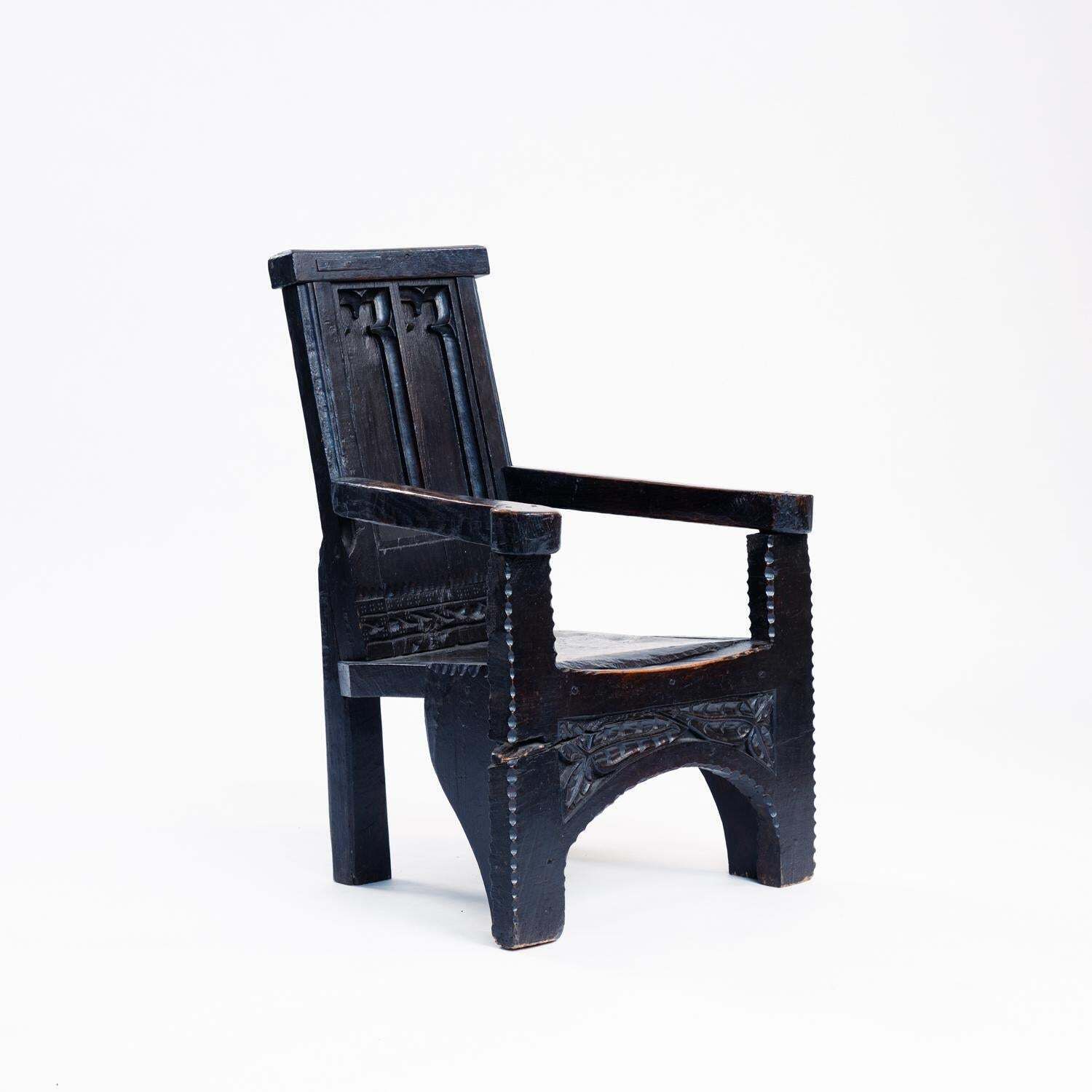 Antique Medieval Walnut Sculptural Arm Chair With Floral Carvings, 17th Century photo for sale