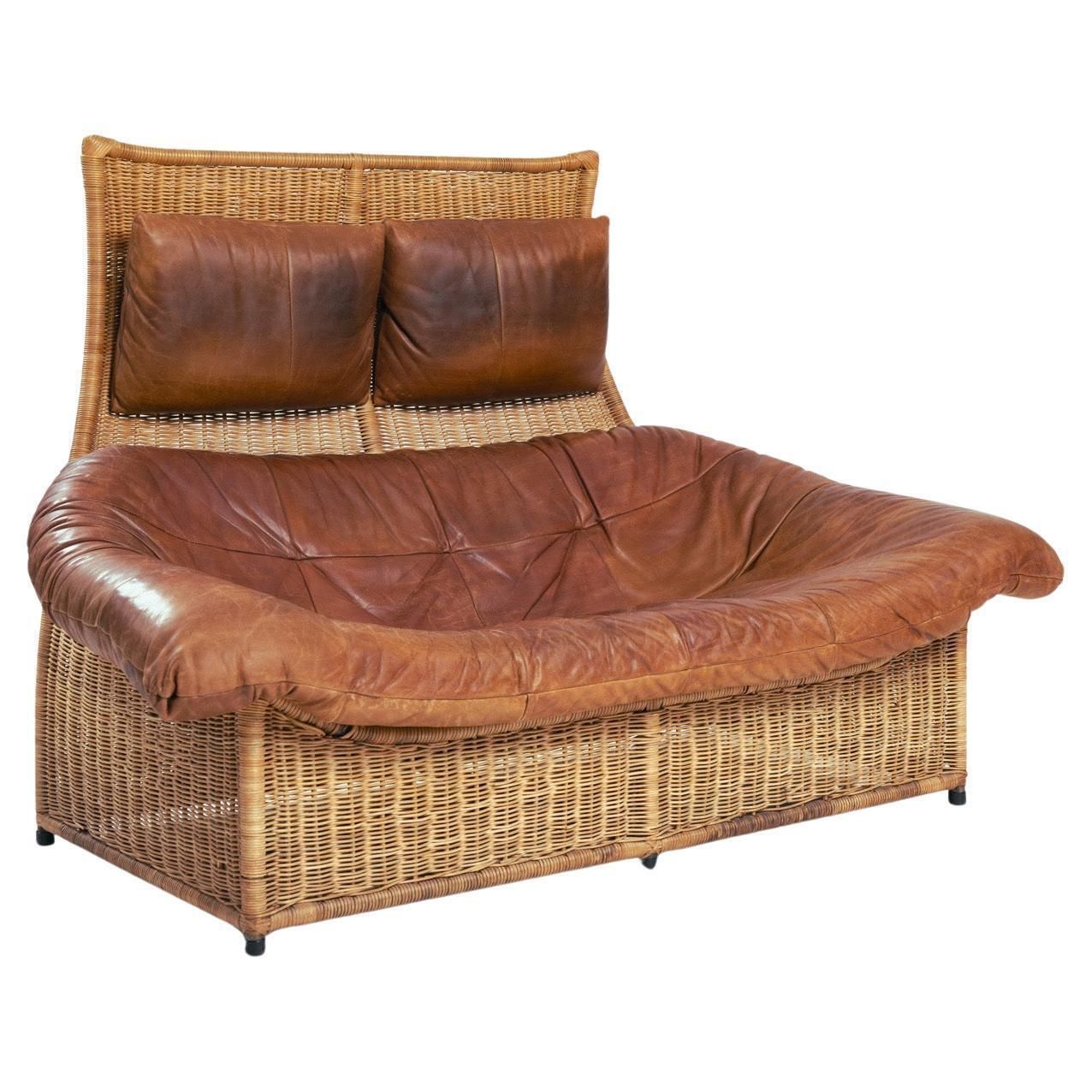 The Rock Tall Back Rattan Loveseat Sofa By Gerard Van Den Berg Leather, 1970s