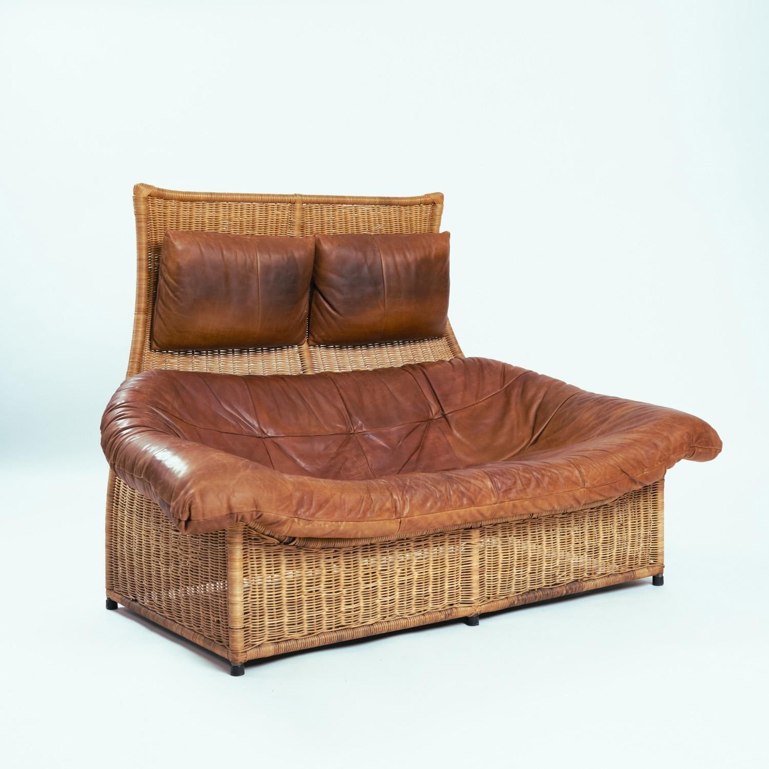 The Rock Tall Back Rattan Loveseat Sofa By Gerard Van Den Berg Leather, 1970s photo for sale