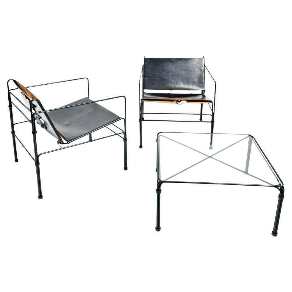 Collectors Item Leather Steel Straps Lounge Chair Set By Jan Van Opzeeland, 3pcs photo furniture