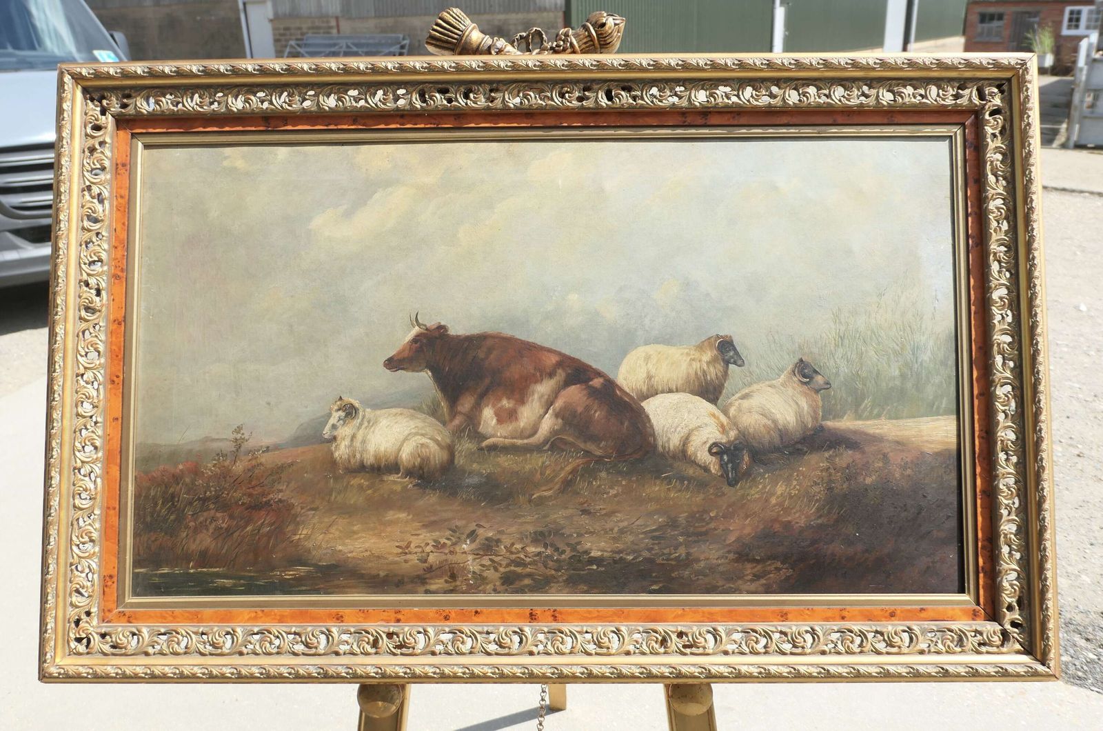 Large Unsigned Victorian Oil Painting, Of A Cow And Sheep photo furniture