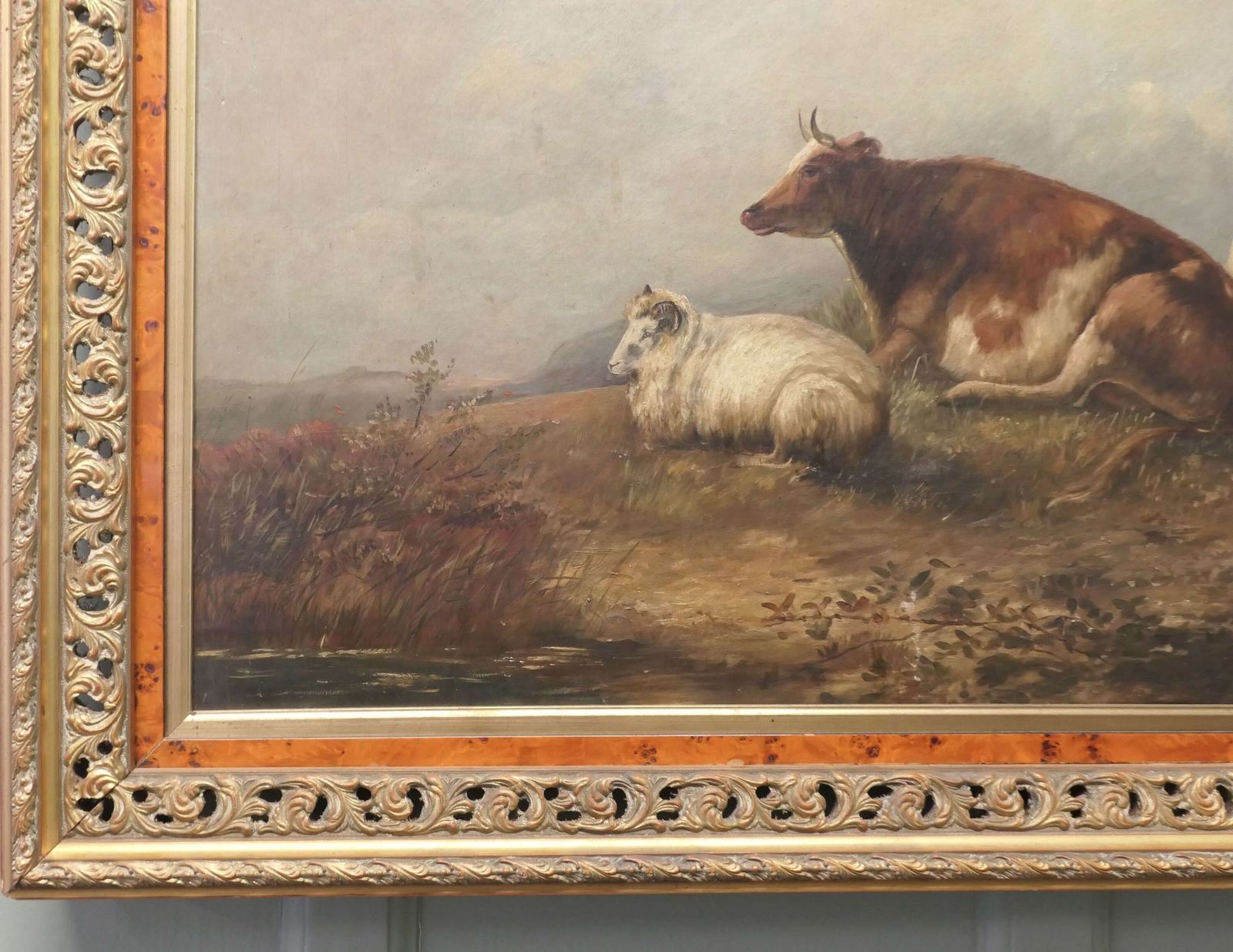 Large Unsigned Victorian Oil Painting, Of A Cow And Sheep photo vintage