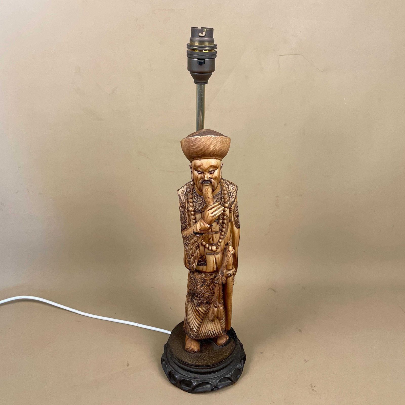 Vintage Japanese Man Lamp Bedside Side Table Oriental Handmade Statue Figure Wood Wooden Base Antique Carved Plastic Resin