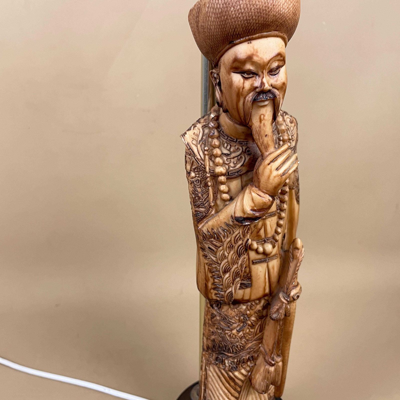 Vintage Japanese Man Lamp Bedside Side Table Oriental Handmade Statue Figure Wood Wooden Base Antique Carved Plastic Resin photo Lighting