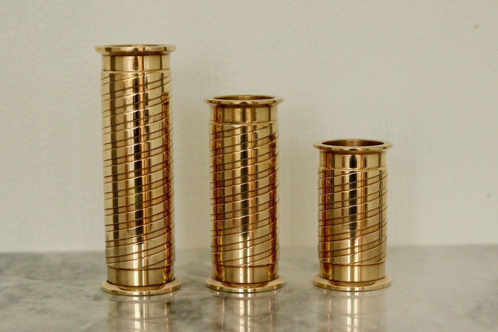 Trio Of Mid Century Swedish Brass Candle Holders photo vinterior