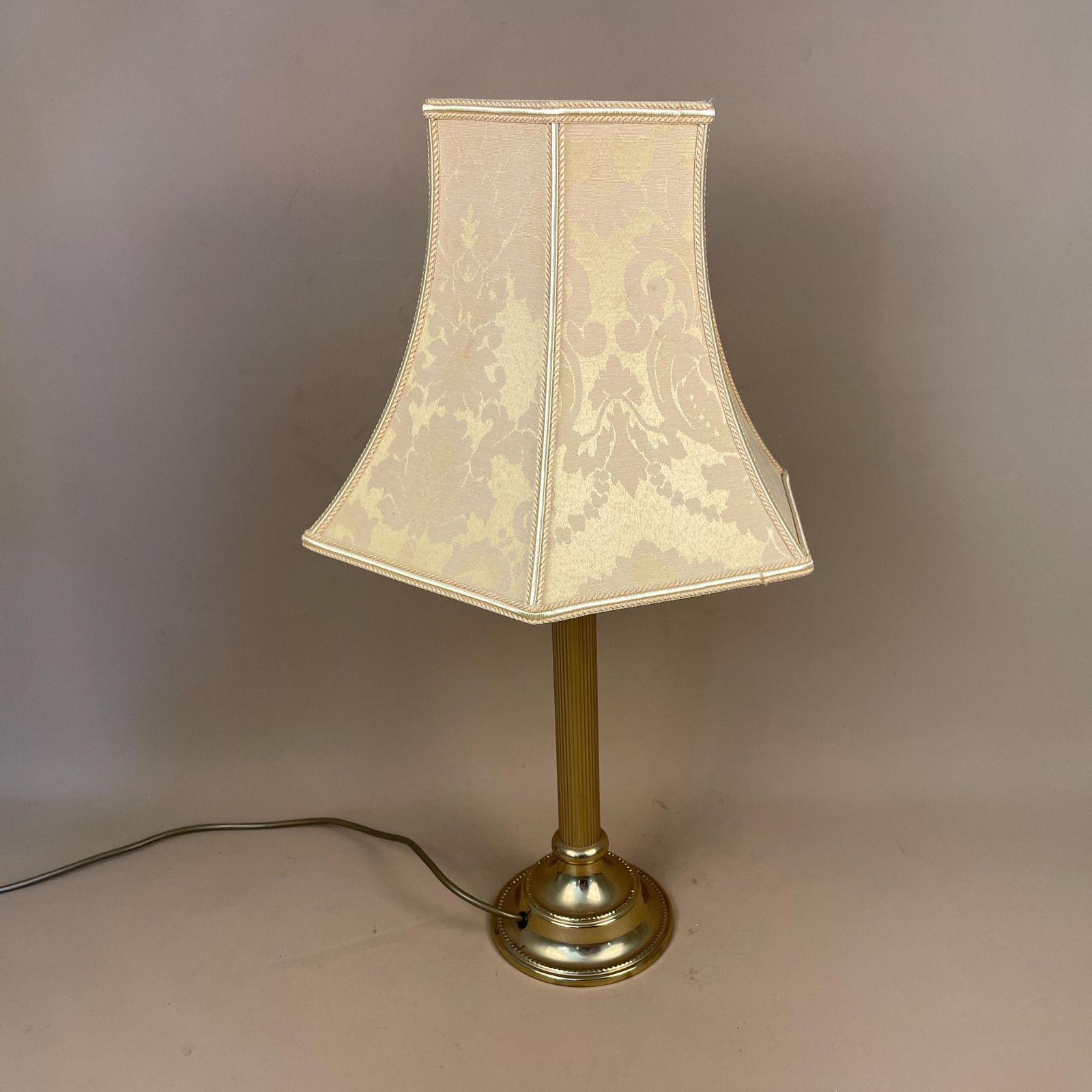 Antique Metal Gold Brass Lamp Light Bedside Side Table Desk Column Pillar Base Ornate Detail Medium Vintage Lampshade Shade Yellow Damask photo furniture