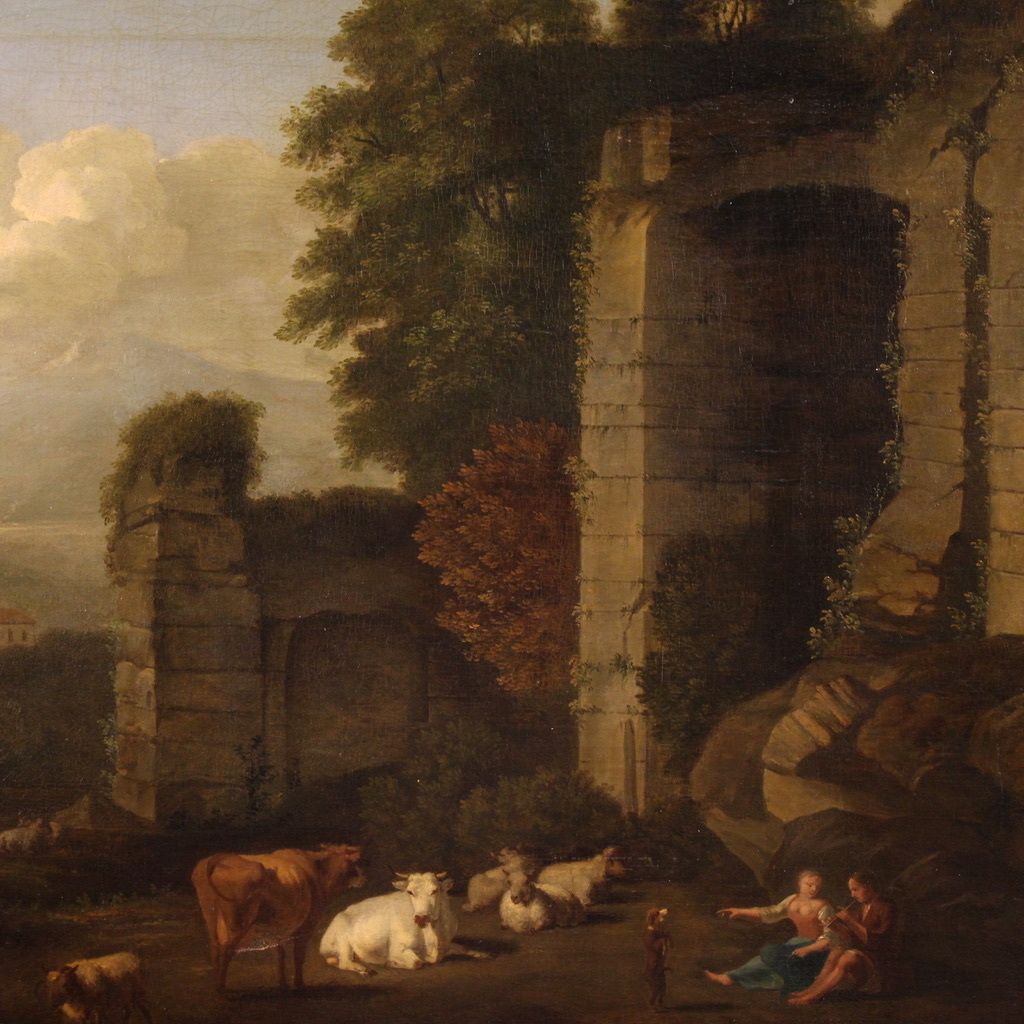 Great 17th Century Italian Painting, Bucolic Landscape With Ruins photo furniture