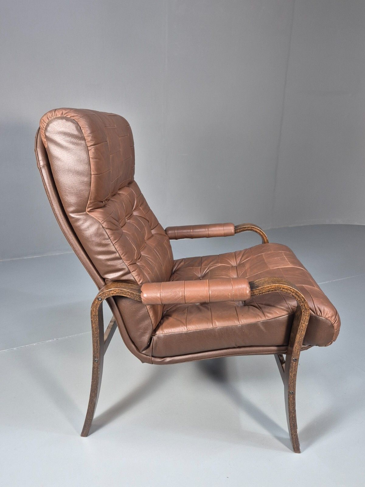 photo for sale Vintage Danish Bentwood Lounge Chair Brown Leather Buttoned 1970s Eb9486 Mben