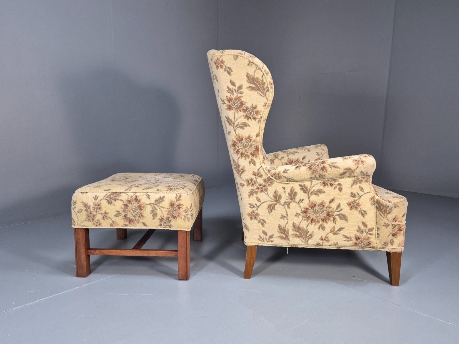 Vintage Goergian Style Wingback And Ottoman Floral Cotton 20th C Eb9545 Vclo photo vinterior