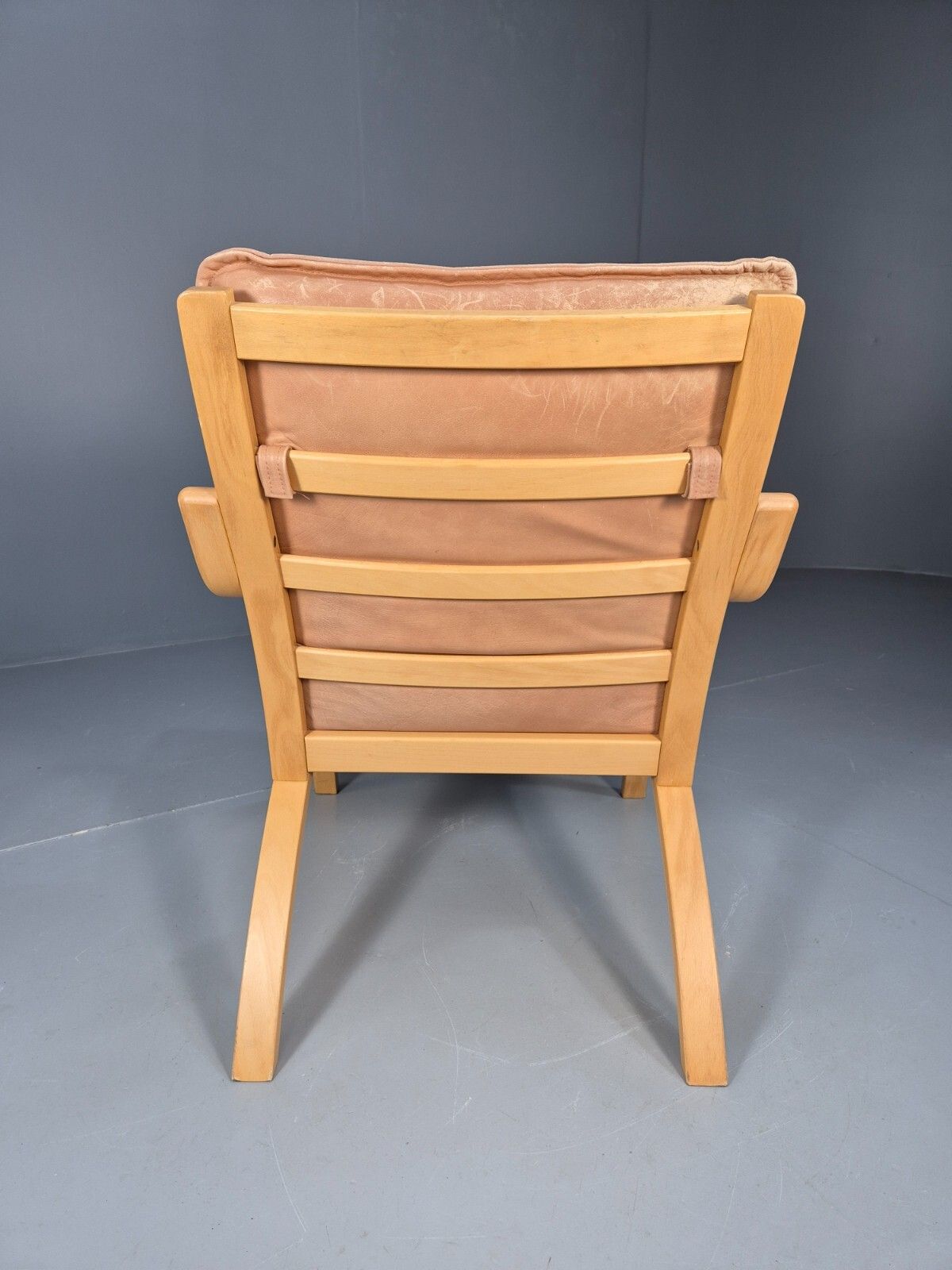 photo for sale Vintage Stouby  Tan Leather And Bentwood Lounge Chair 1980s Retro Eb9293 Mben