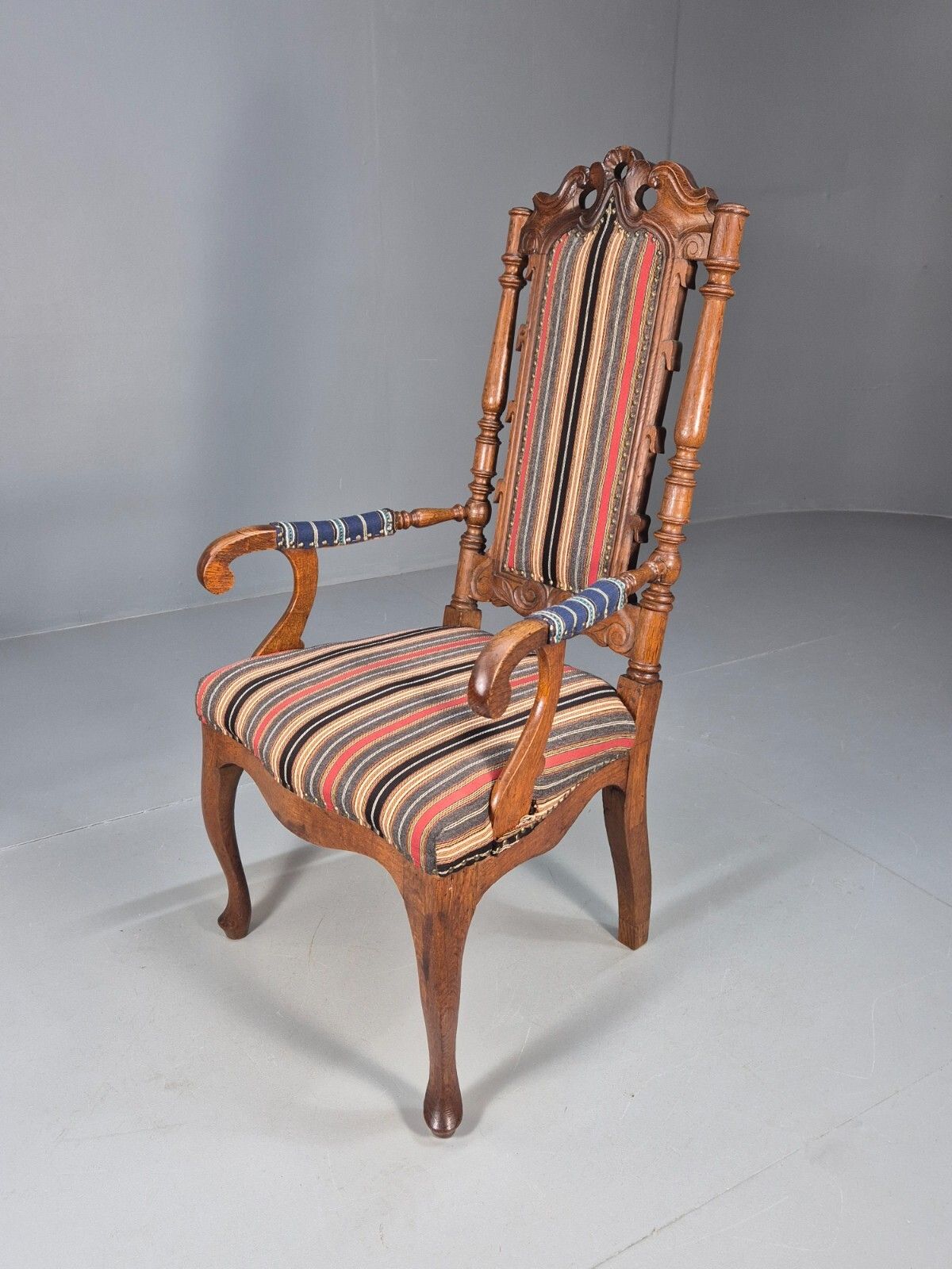 Vintage Danish Antique Armchair Early C20th Oak Frame Striped Wool  Eb8915 Vcar