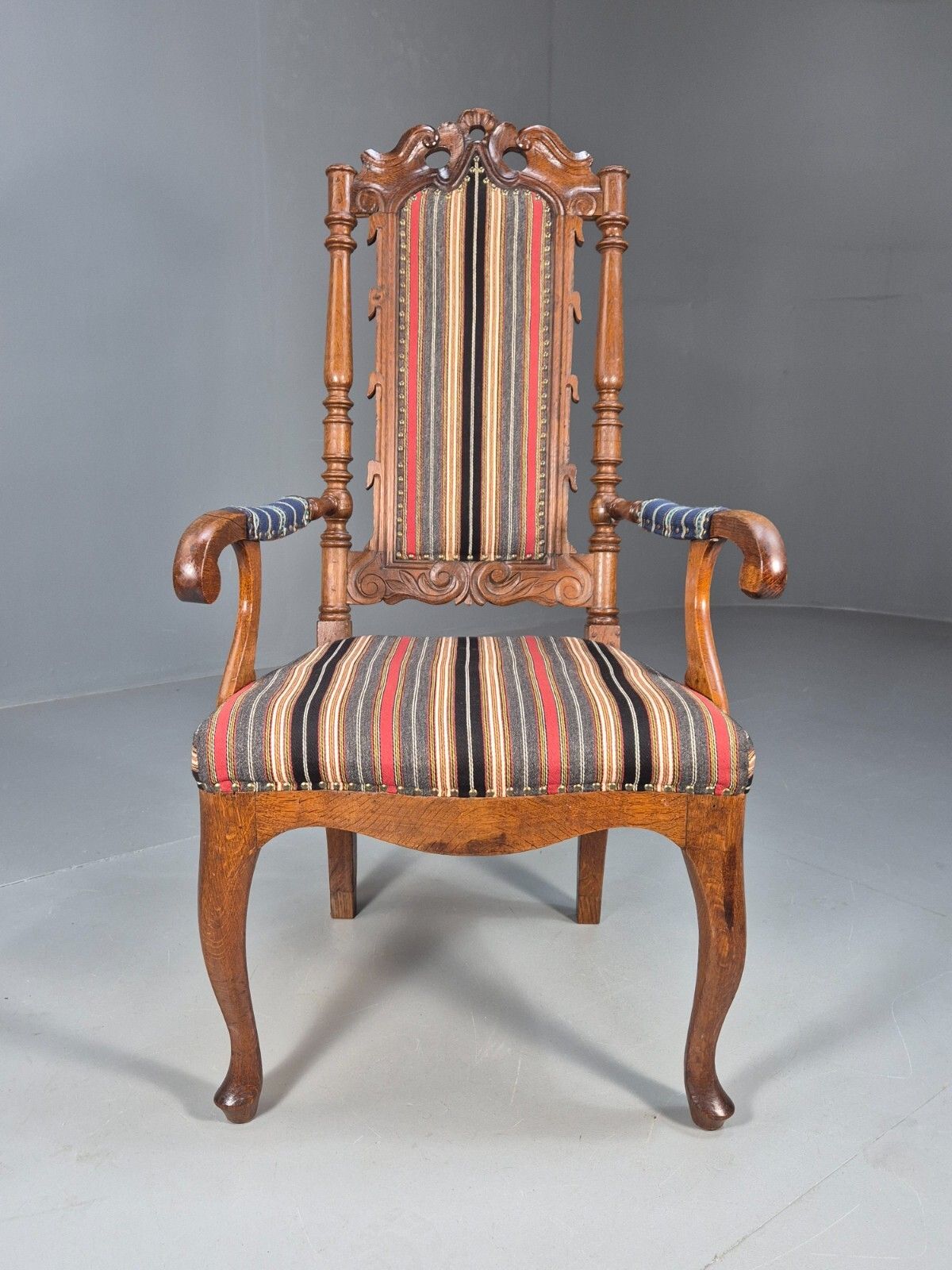 Vintage Danish Antique Armchair Early C20th Oak Frame Striped Wool  Eb8915 Vcar photo for sale
