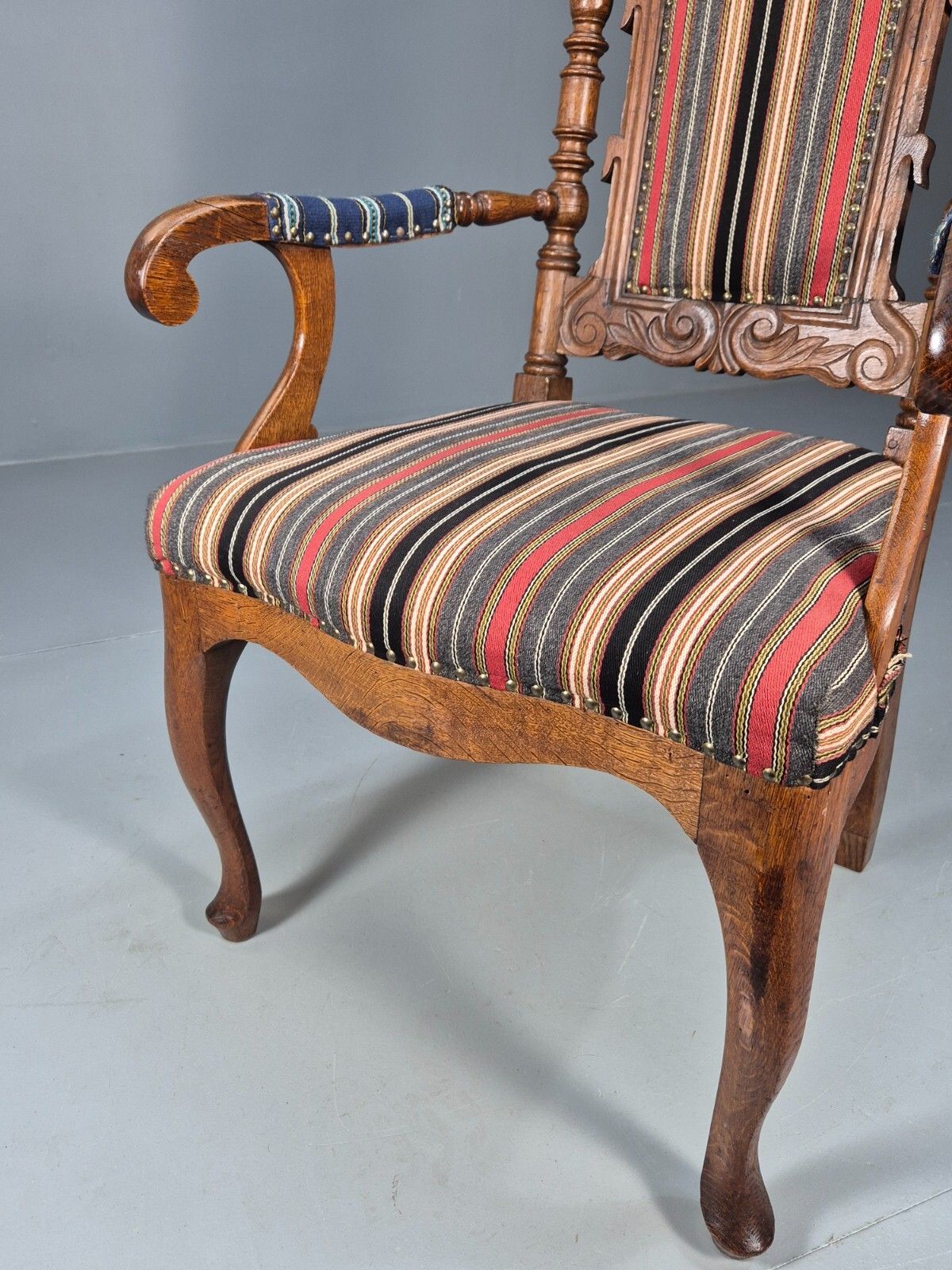 Vintage Danish Antique Armchair Early C20th Oak Frame Striped Wool  Eb8915 Vcar photo Furniture