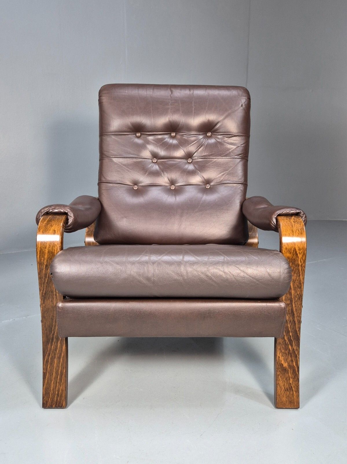Vintage Danish Brown Leather Lounge Chair Bentwood Frame 1970s Retro Eb9287 Mben photo for sale