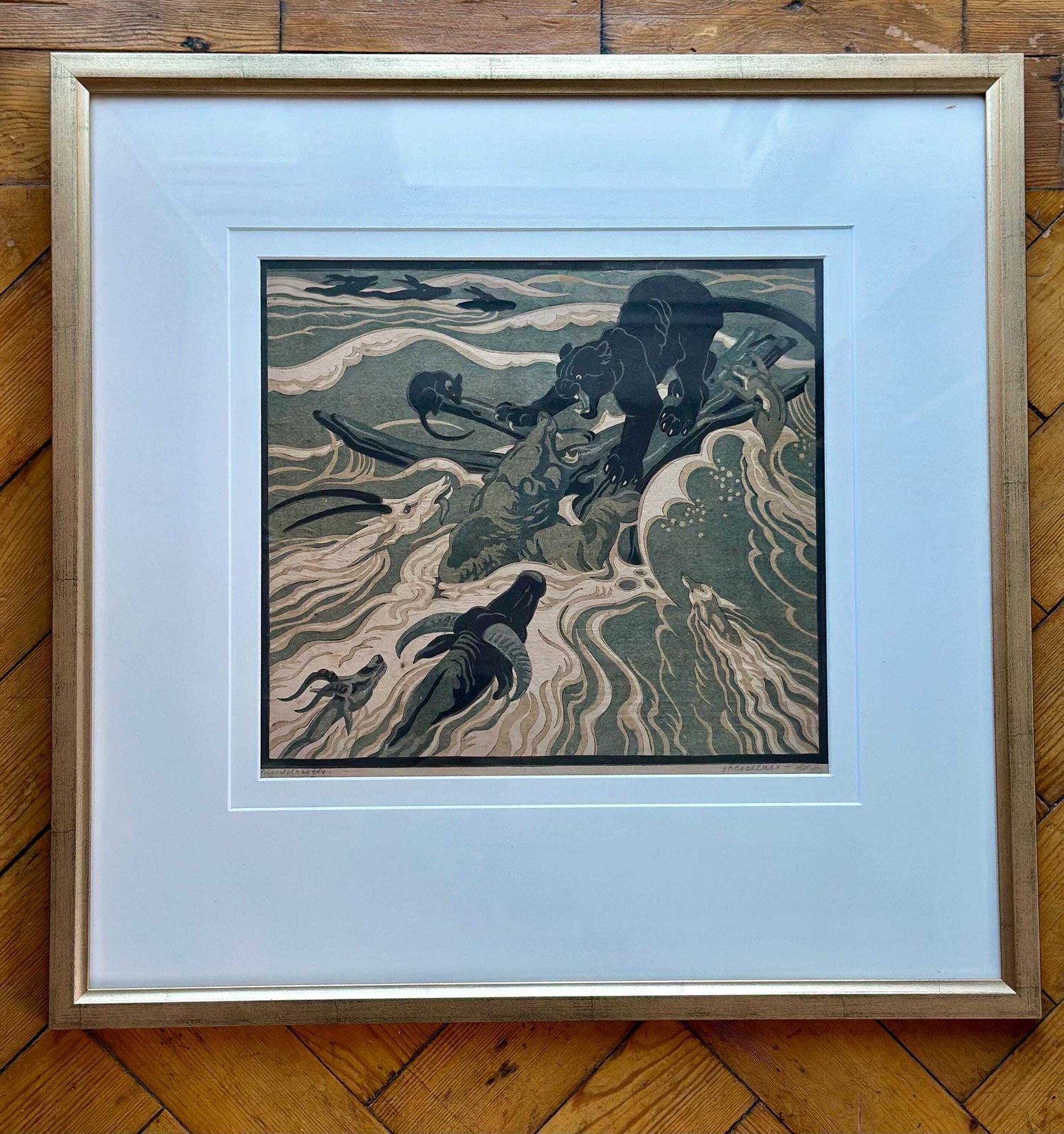 Norbertine Bresslern Roth 1891 1978 Woodcut Signed In Pencil Signature And Handdrucke The Flood.Size Of Image 26.5 X 29.5cm photo vintage
