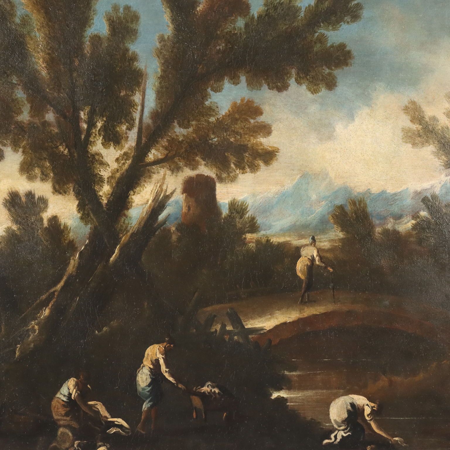 Landscape With River And Figures Oil On Canvas Italy XVIII Century photo for sale