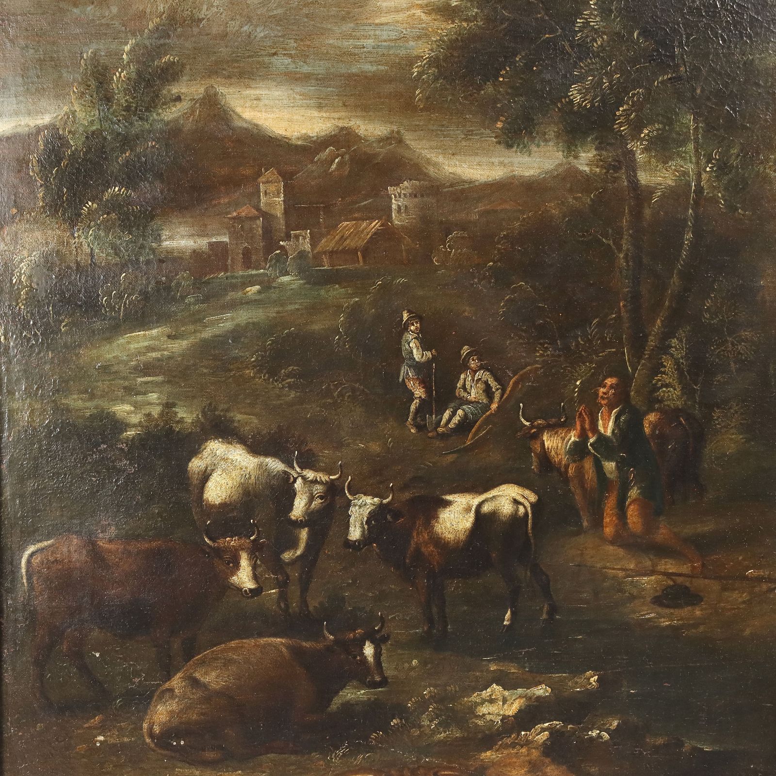 Landscape With Figures And Herd Antique Painting XVIII Century photo for sale