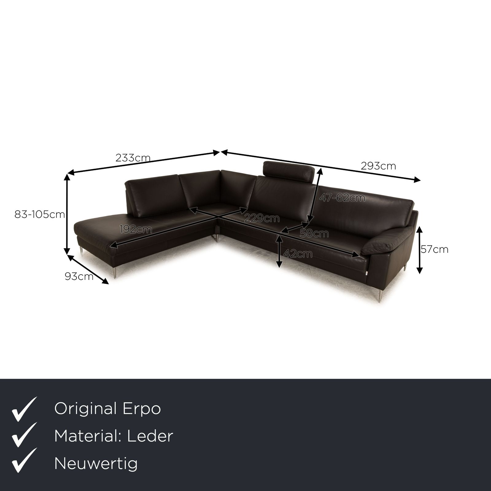 Canapé d'angle Erpo CL 650 en cuir anthracite photo furniture