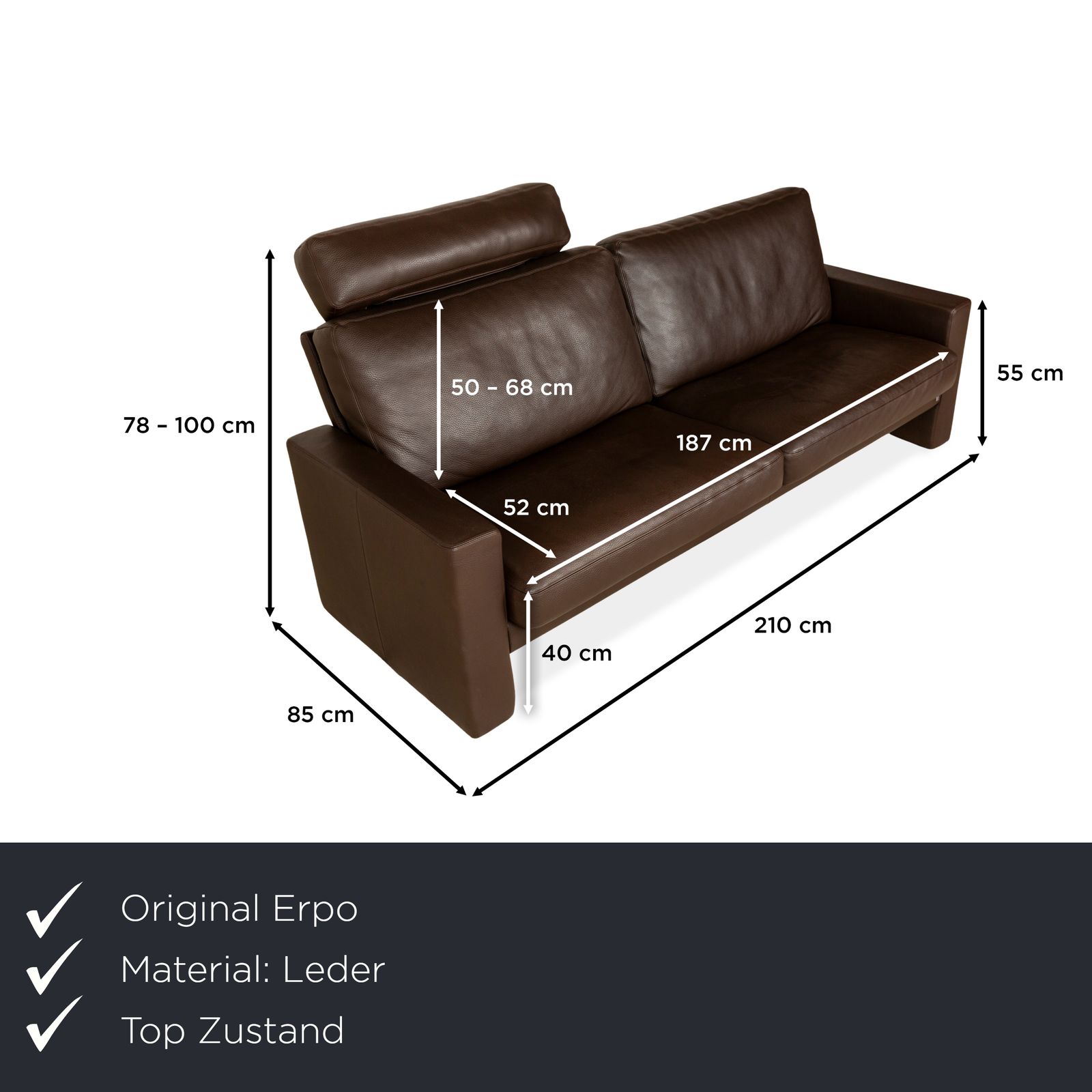 Canapé 3 places Erpo CL 100 en cuir marron, fonction manuelle avec appuie-tête photo furniture