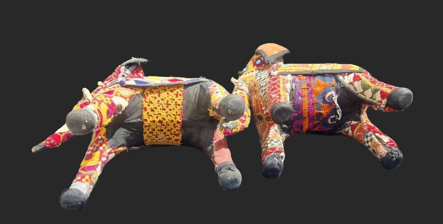 Vintage Rajasthani Embroidered Elephant Pair Handcrafted Textile Sculptures From India photo Home Decor