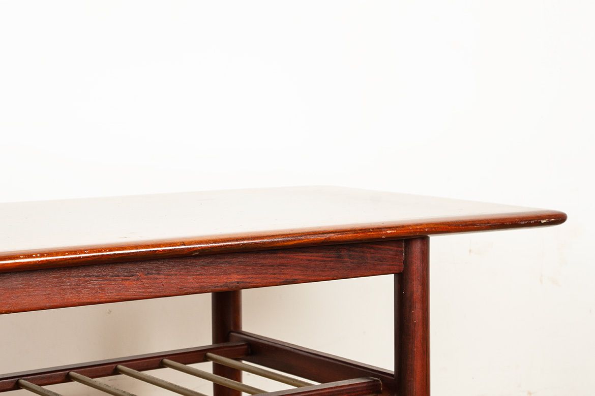 Rosewood And Metal Tube Coffee Table, On Two Levels, Denmark 1960s. photo vintage