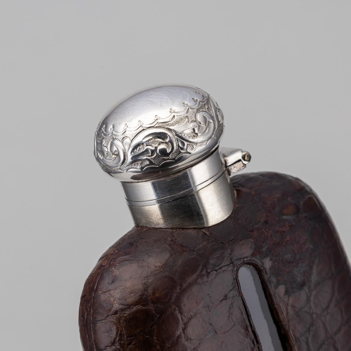 Antique 20thc Novelty Silver Plate & Crocodile Leather Golfing Hip Flask C.1920 photo vinterior