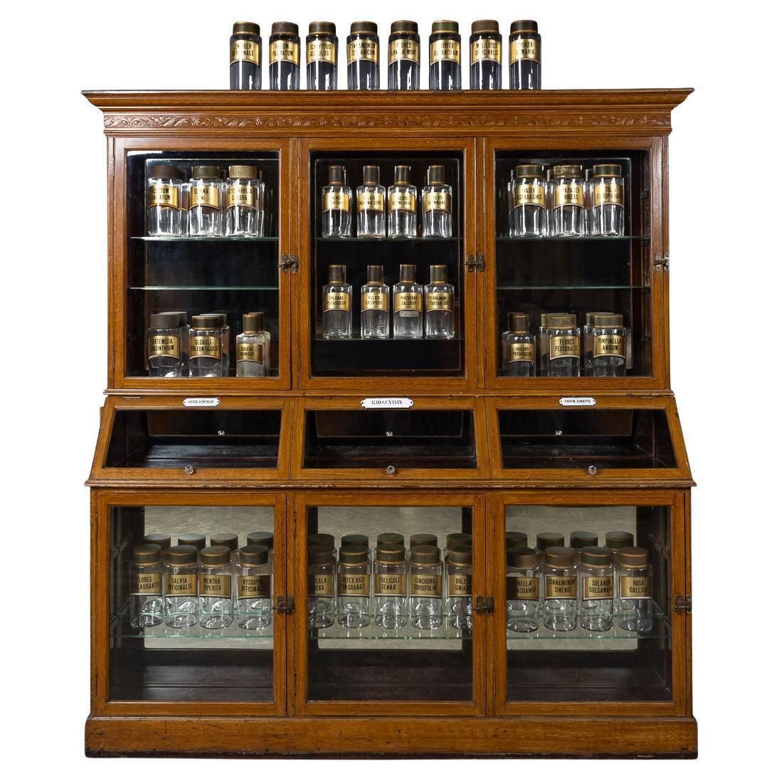 Antique 20th Century French Scumbled Pine & Glass Pharmacy Cabinet C.1900