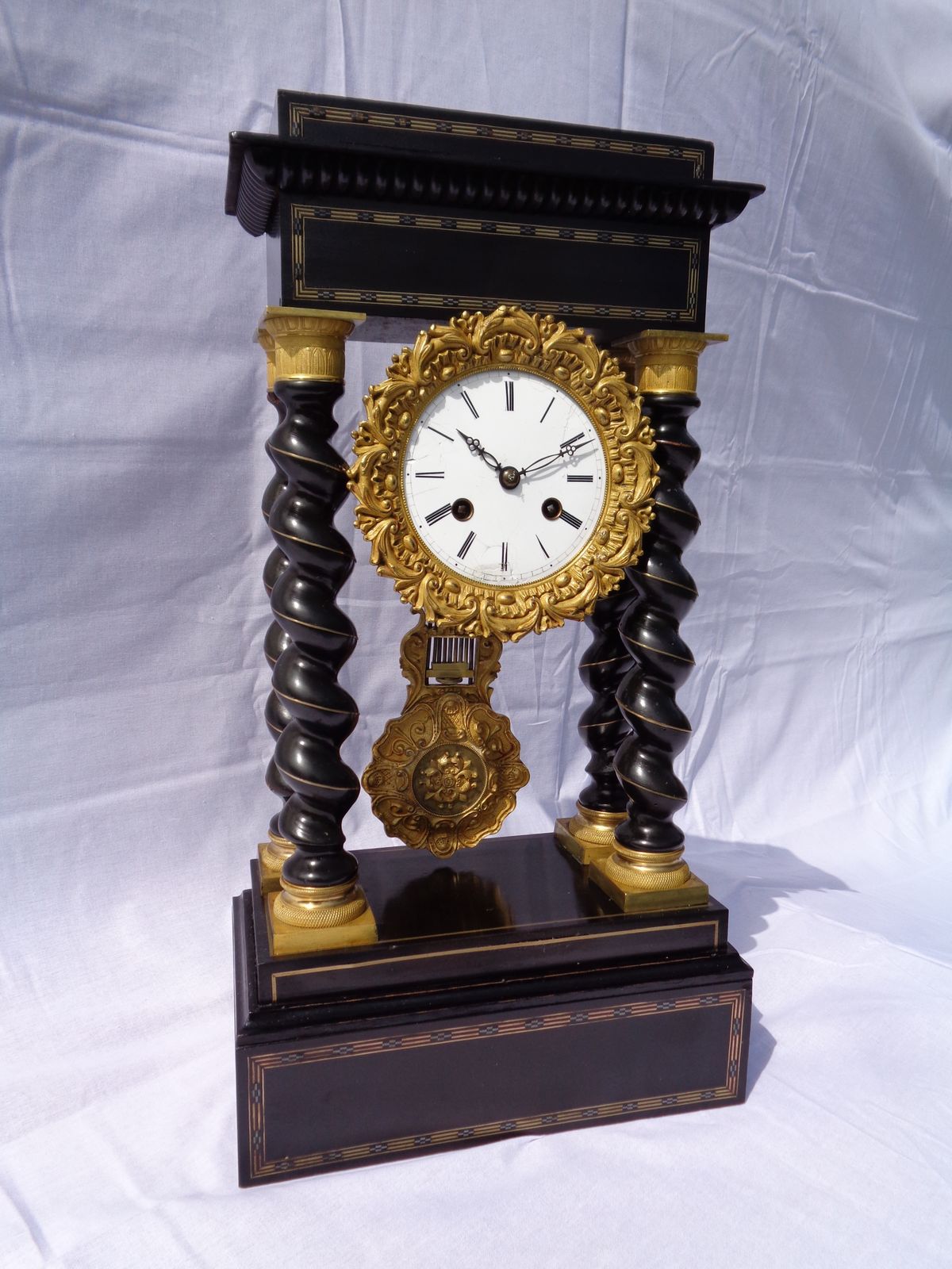 Antique Vincenti French Barley Twist Ebonised Portico Clock Brass Inlayed photo furniture