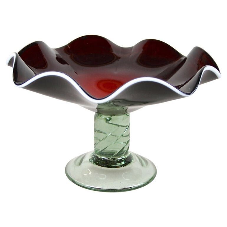 20th Century Dark Red Murano Glass Bowl/ Centerpiece With Green Base, Ca. 1970
