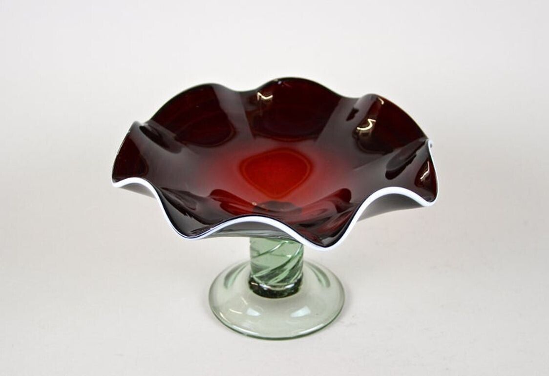 20th Century Dark Red Murano Glass Bowl/ Centerpiece With Green Base, Ca. 1970 photo 550.0