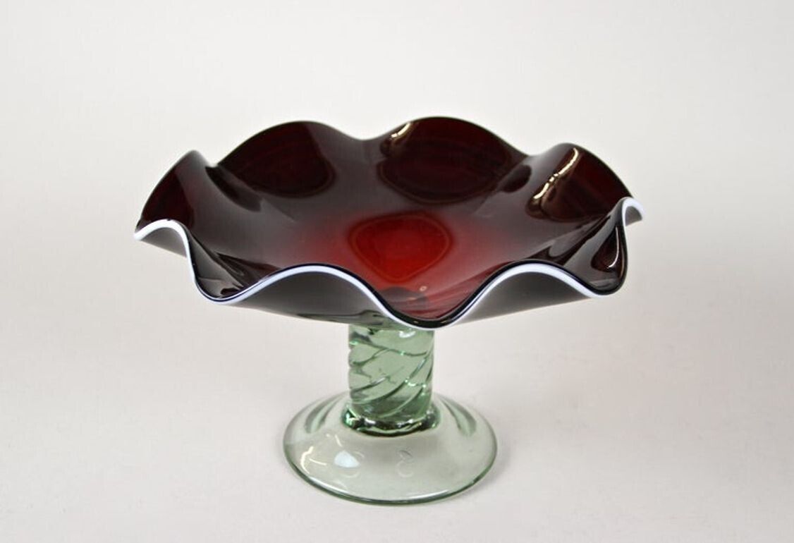 photo furniture 20th Century Dark Red Murano Glass Bowl/ Centerpiece With Green Base, Ca. 1970