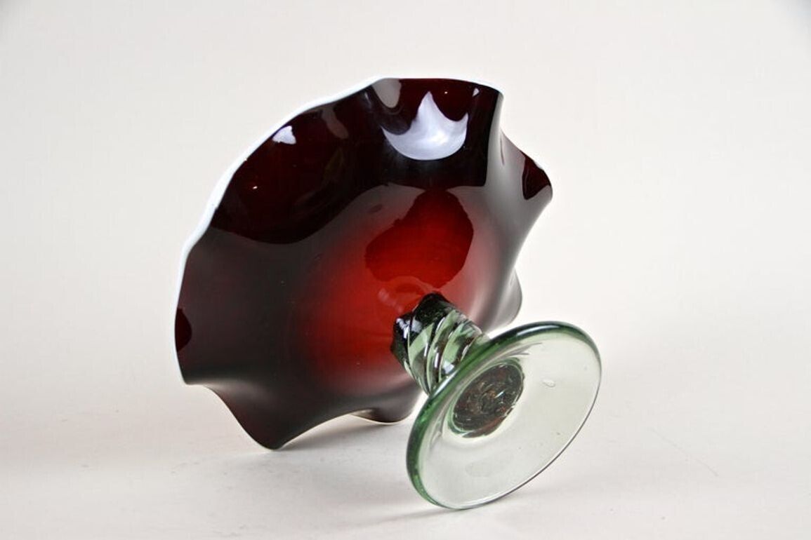 photo buy 20th Century Dark Red Murano Glass Bowl/ Centerpiece With Green Base, Ca. 1970