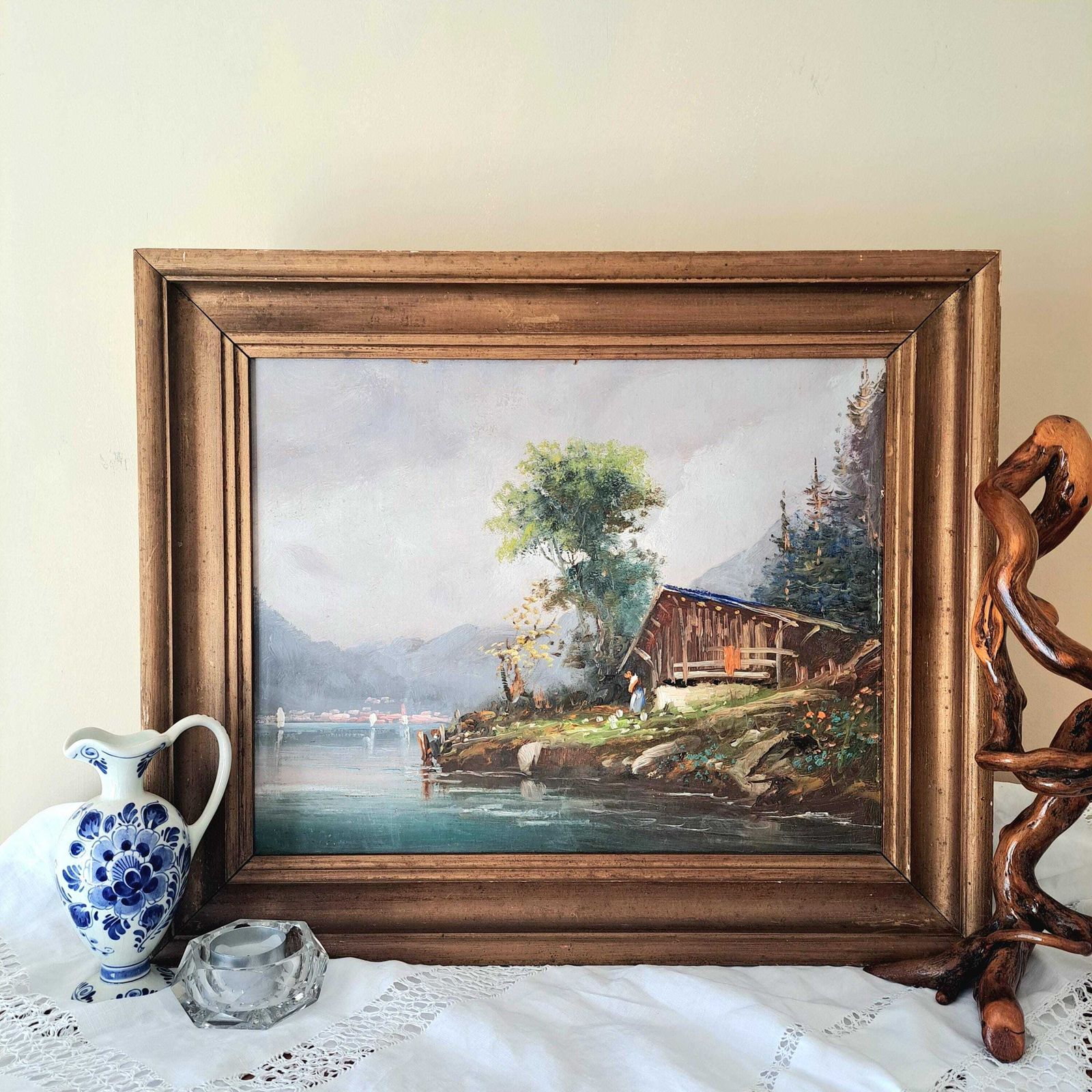 Antique Oil Painting Of An Alpine Chalet And Lake Landscape | Framed | 19th Century photo buy