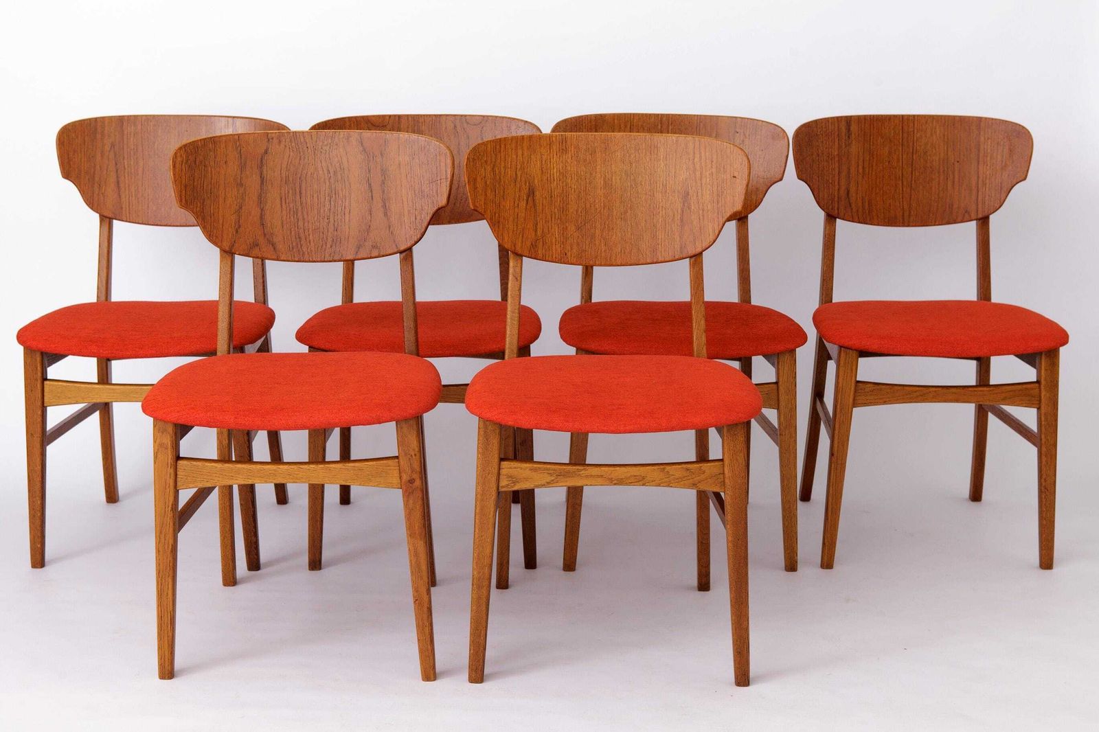 photo for sale Set Of 4 Danish Dining Chairs – Teak & Oak, 1960s, Red Orange Upholstery
