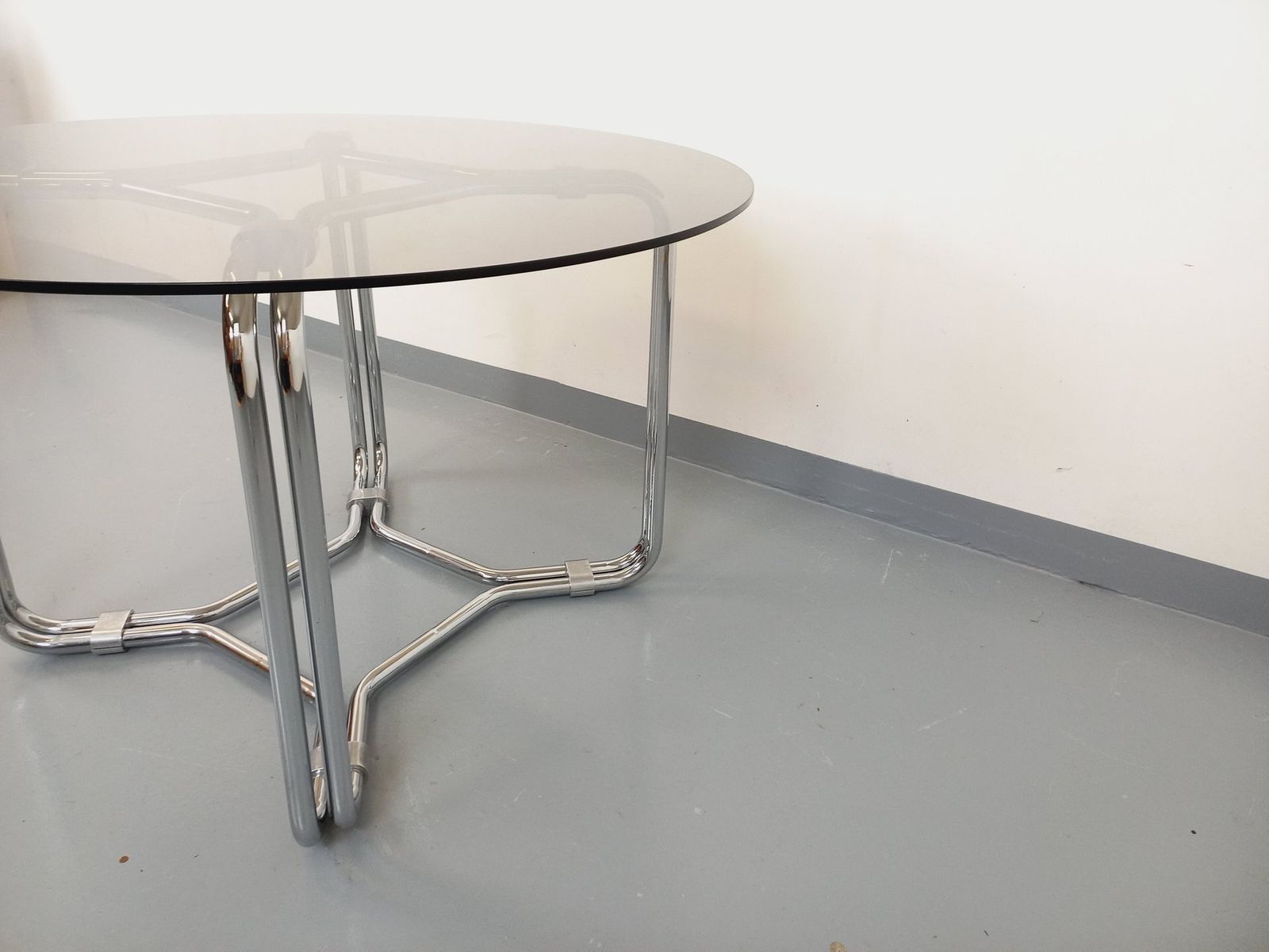 photo for sale Space Age Round Table In Smoked Glass And Chrome Metal