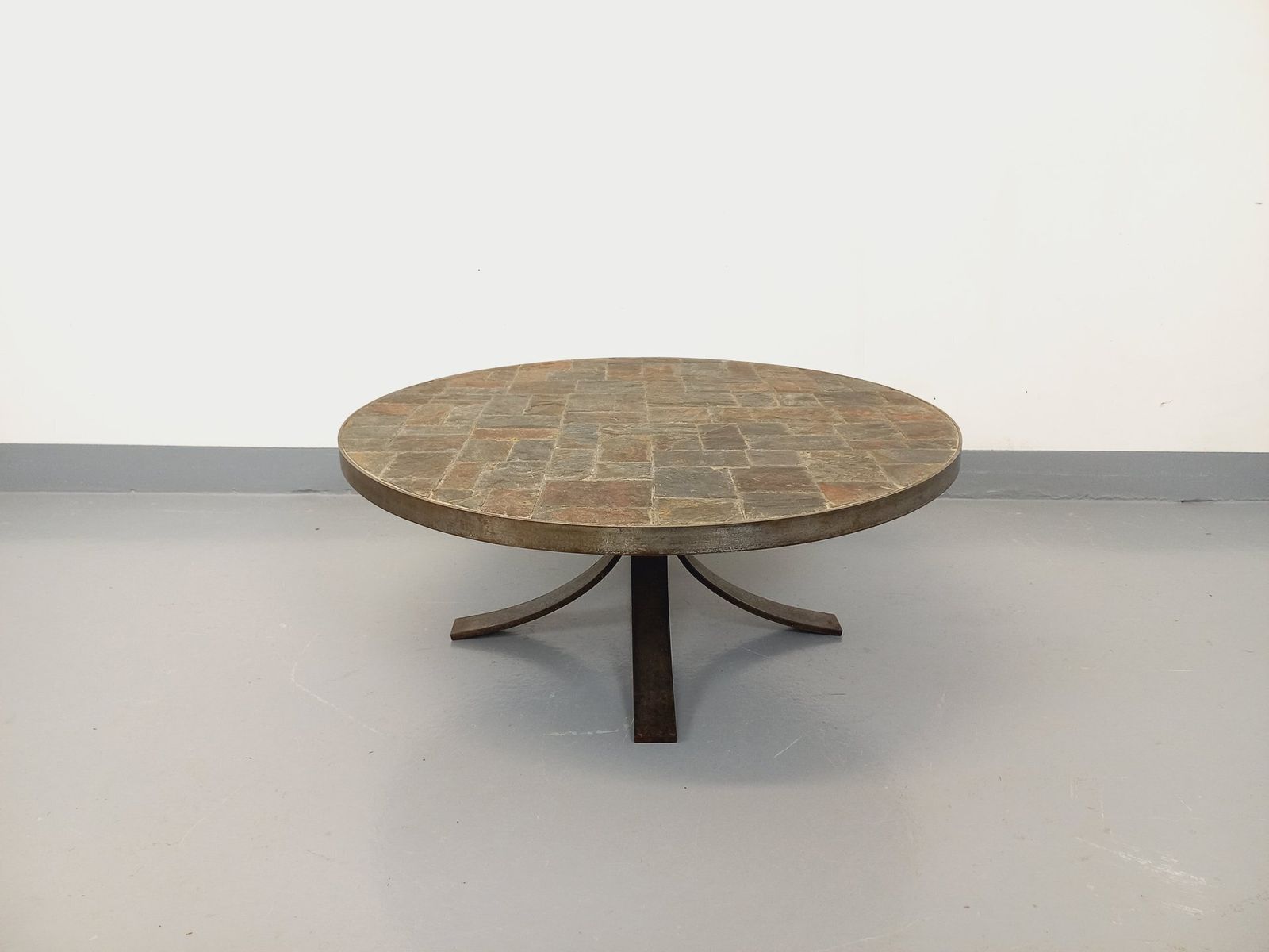 Brutalist Round Coffee Table In Metal And Slate photo furniture