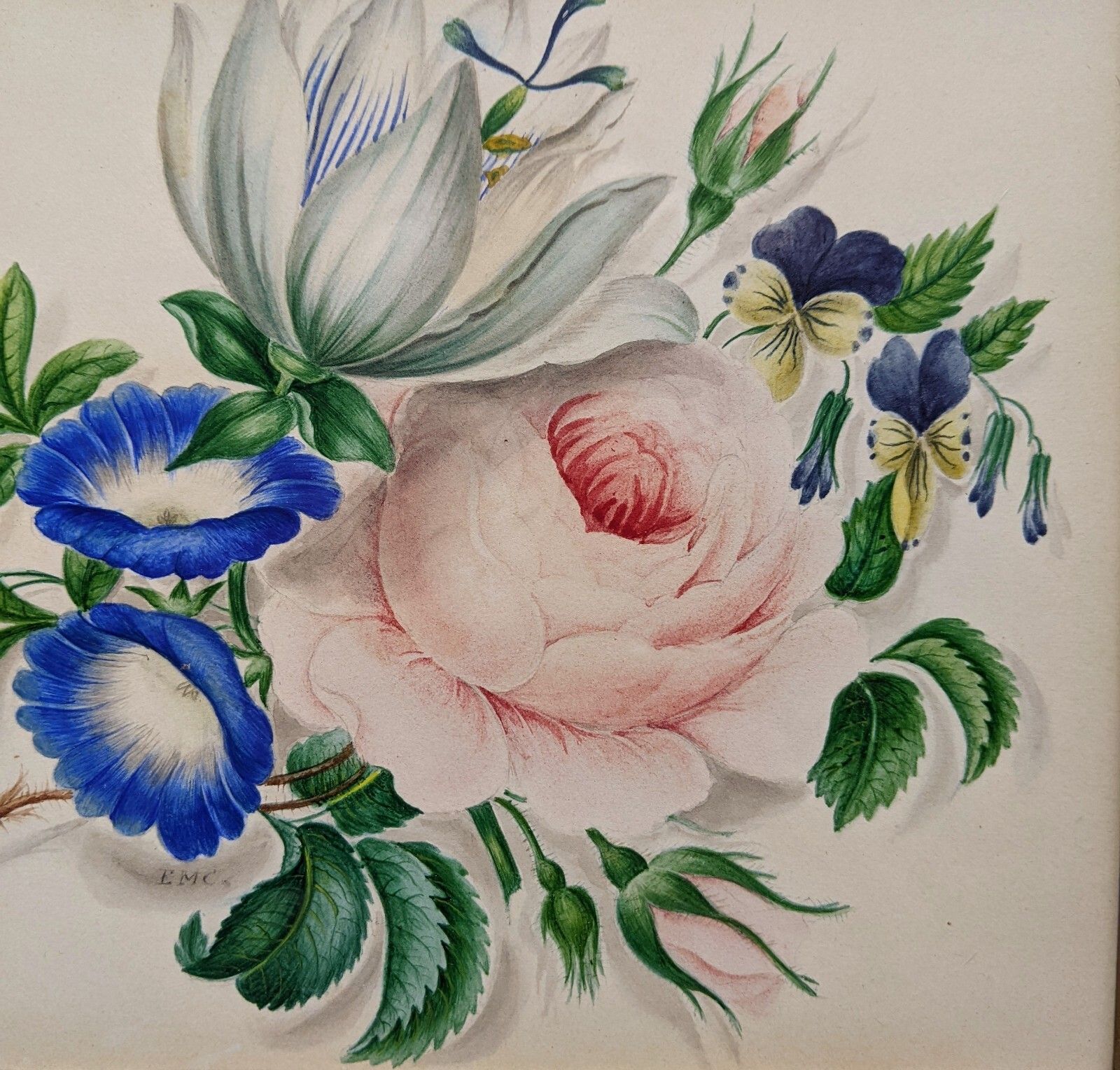 Antique Watercolour Painting Rose Blossom Maple Frame photo Art