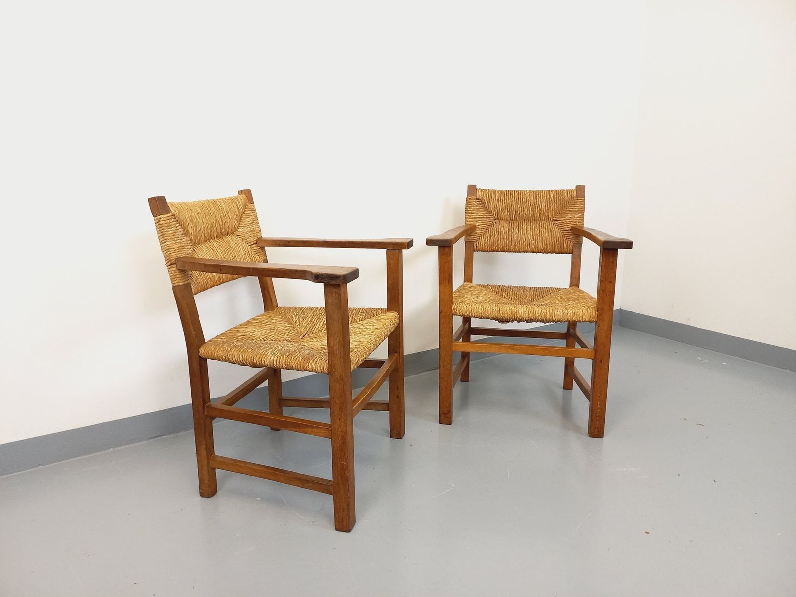 2 Brutalist Armchairs In Oak And Straw