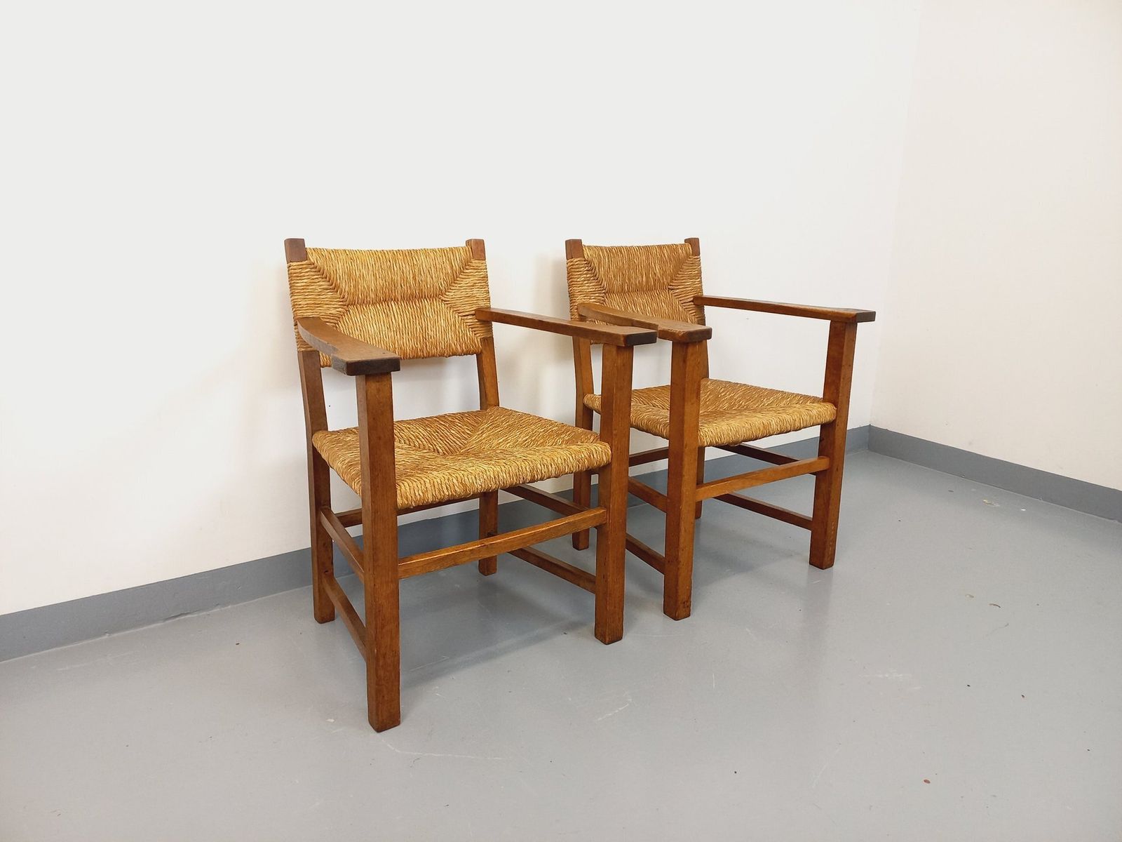 2 Brutalist Armchairs In Oak And Straw photo for sale