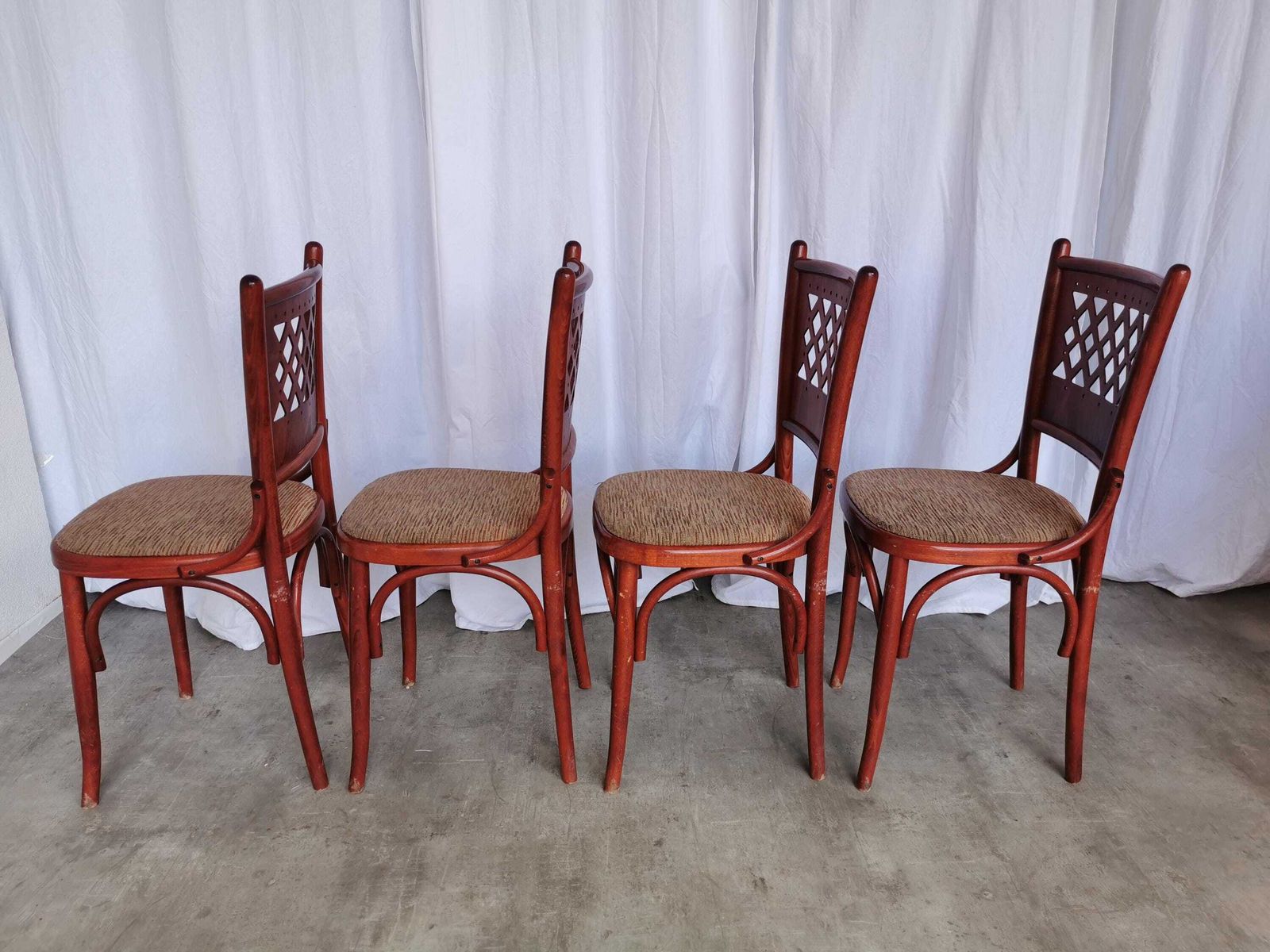 Set Of 4 Vintage Dining Chairs With Perforated Backrest In Reddish Wood With Brown Fabric Seat / 1980s Italy / Italian Bistro Dine Chair photo vinterior
