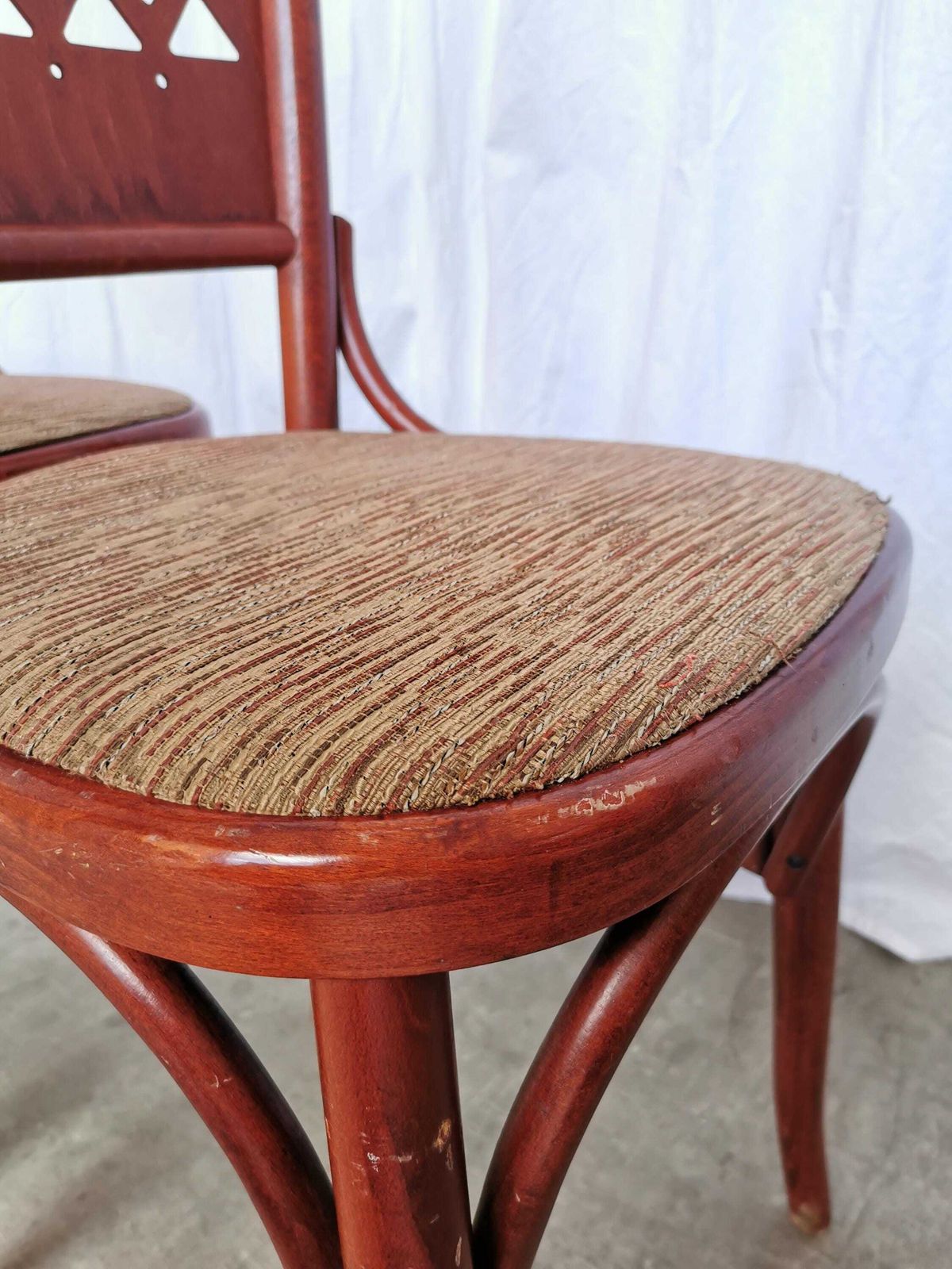 Set Of 4 Vintage Dining Chairs With Perforated Backrest In Reddish Wood With Brown Fabric Seat / 1980s Italy / Italian Bistro Dine Chair photo buy