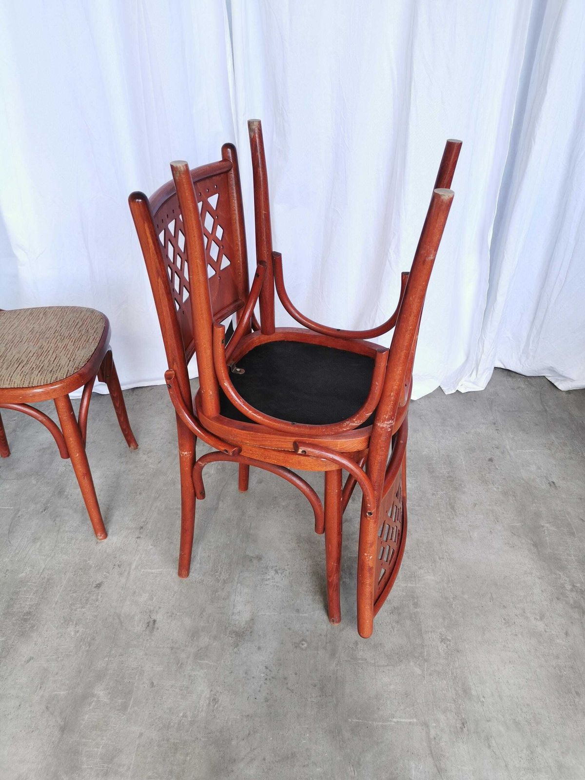 Set Of 4 Vintage Dining Chairs With Perforated Backrest In Reddish Wood With Brown Fabric Seat / 1980s Italy / Italian Bistro Dine Chair photo vintage