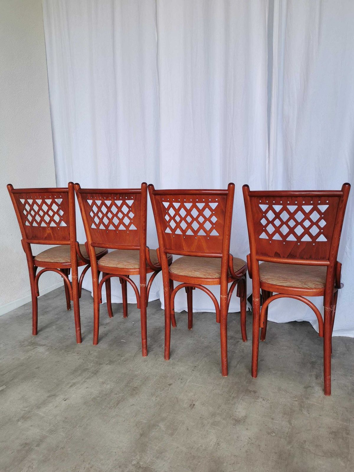 photo for sale Set Of 4 Vintage Dining Chairs With Perforated Backrest In Reddish Wood With Brown Fabric Seat / 1980s Italy / Italian Bistro Dine Chair