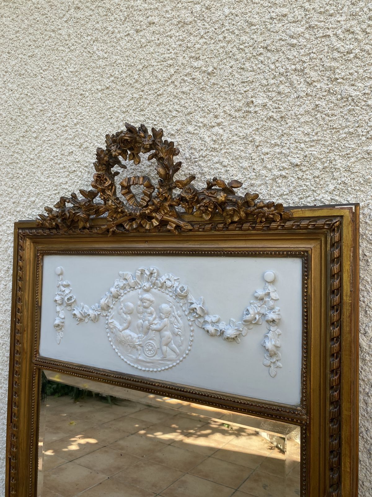650.0 Louis XVI Style Mirror In Gilded Wood With Gold Leaf, 74x150cm photo