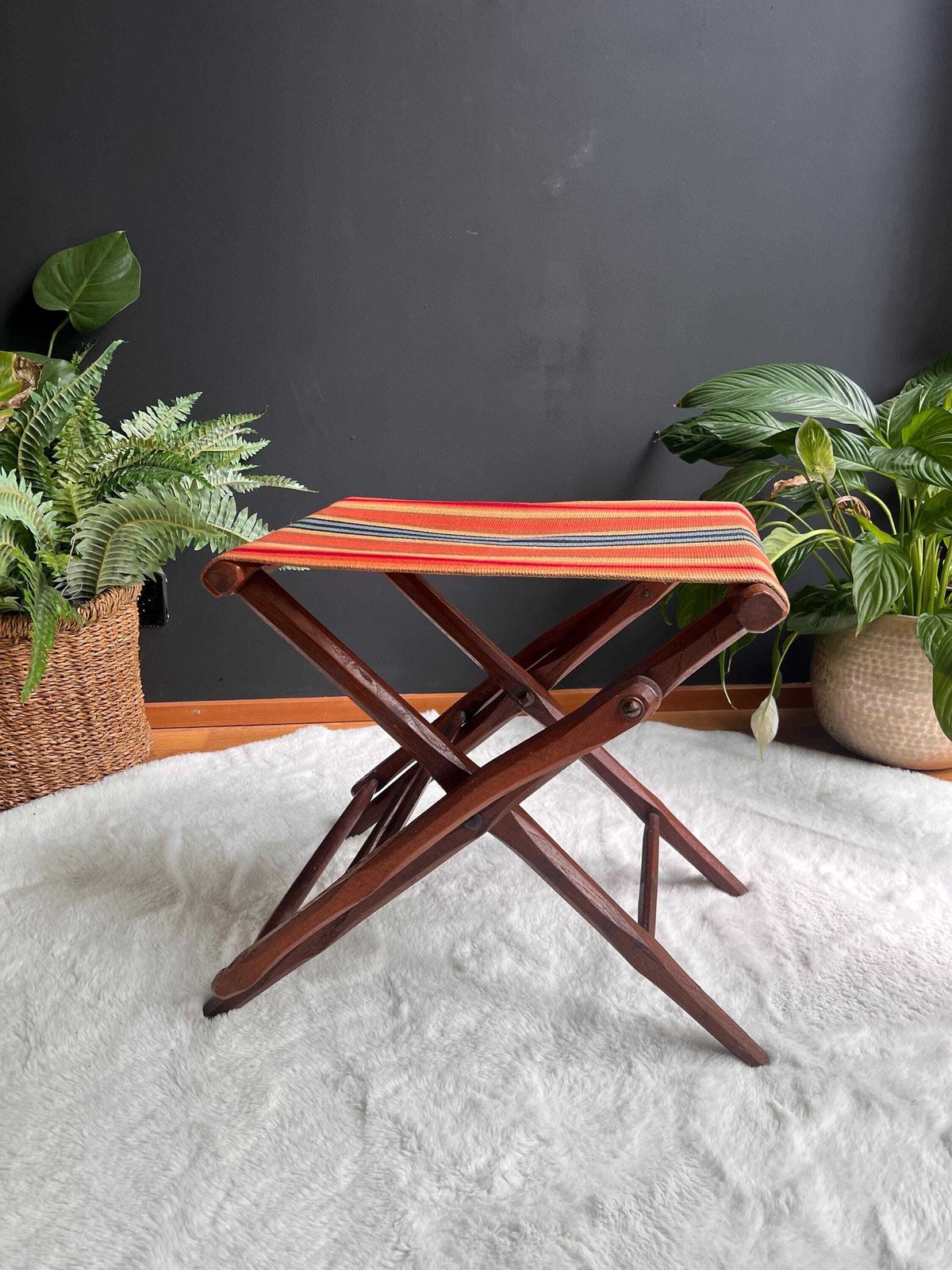Antique Hand Carved Folding Chair, Bohemian Striped Canvas Seat, Vintage Rustic Wood Portable Chair, Mid Century Camp Stool photo buy